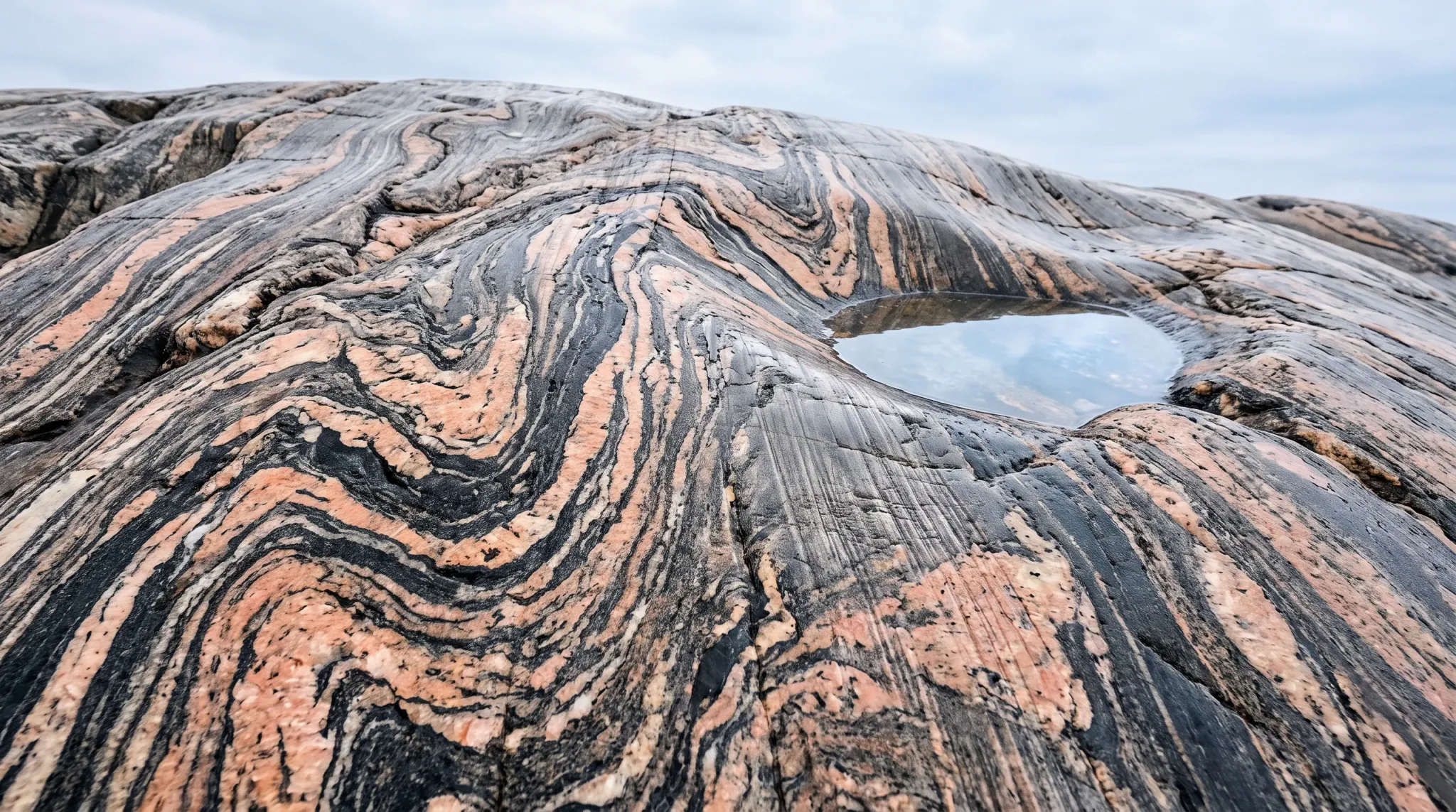 A low-angle, wide-angle photograph capturing a smooth, glacier-scoured bedrock surface with dramatic swirling bands of pink feldspar and black mineral layers. A small, clear rainwater puddle rests in a concave hollow on the rock, reflecting the overcast cloudy sky above.