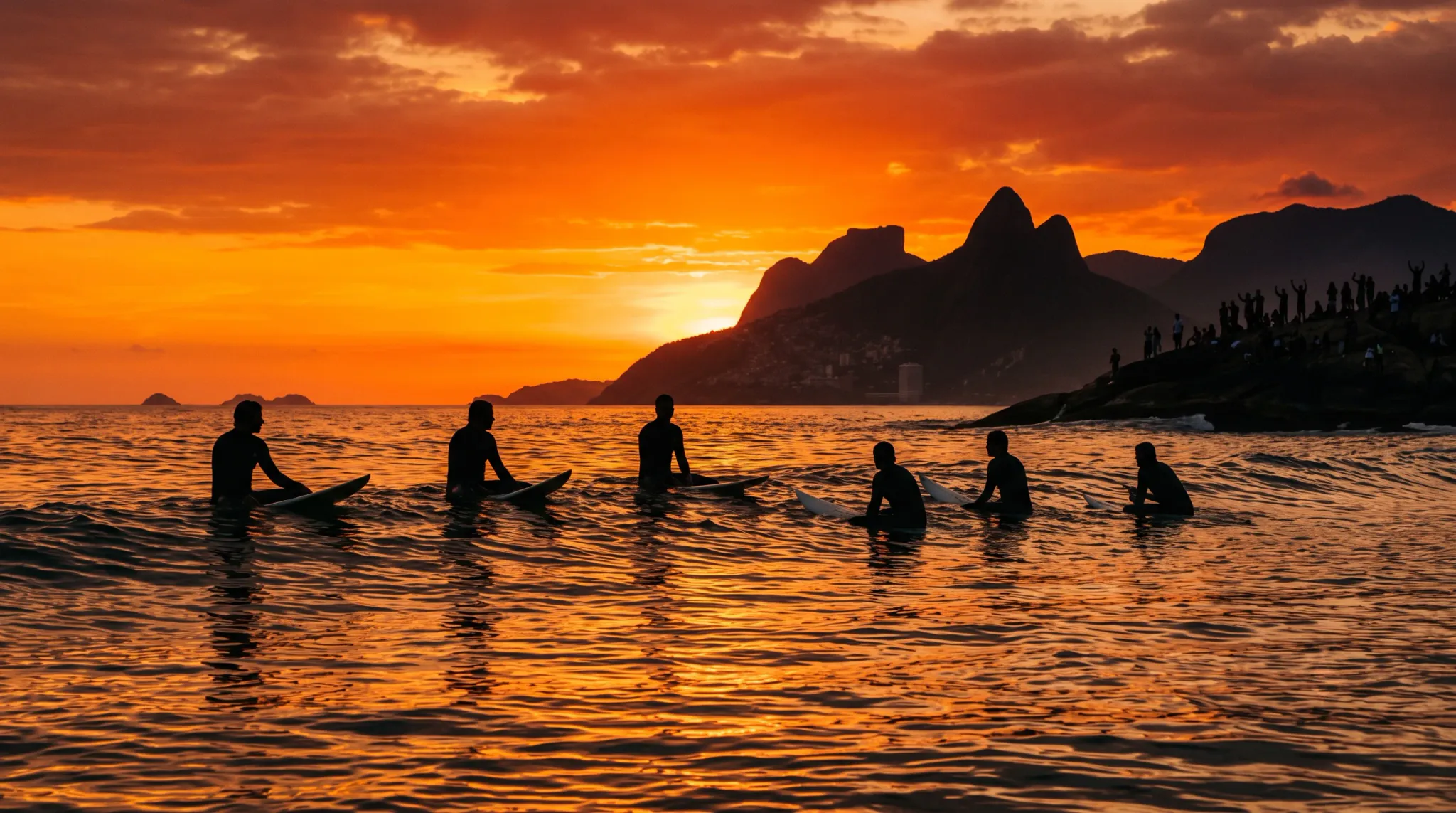 A lineup of six surfers sits silhouetted on their surfboards in calm, golden-rippled ocean waters during a dramatic sunset. In the background, the distinctive peaks of Morro Dois Irmãos loom under fiery orange and red clouds, while spectators gather on a rocky coastal outcrop to watch the view.