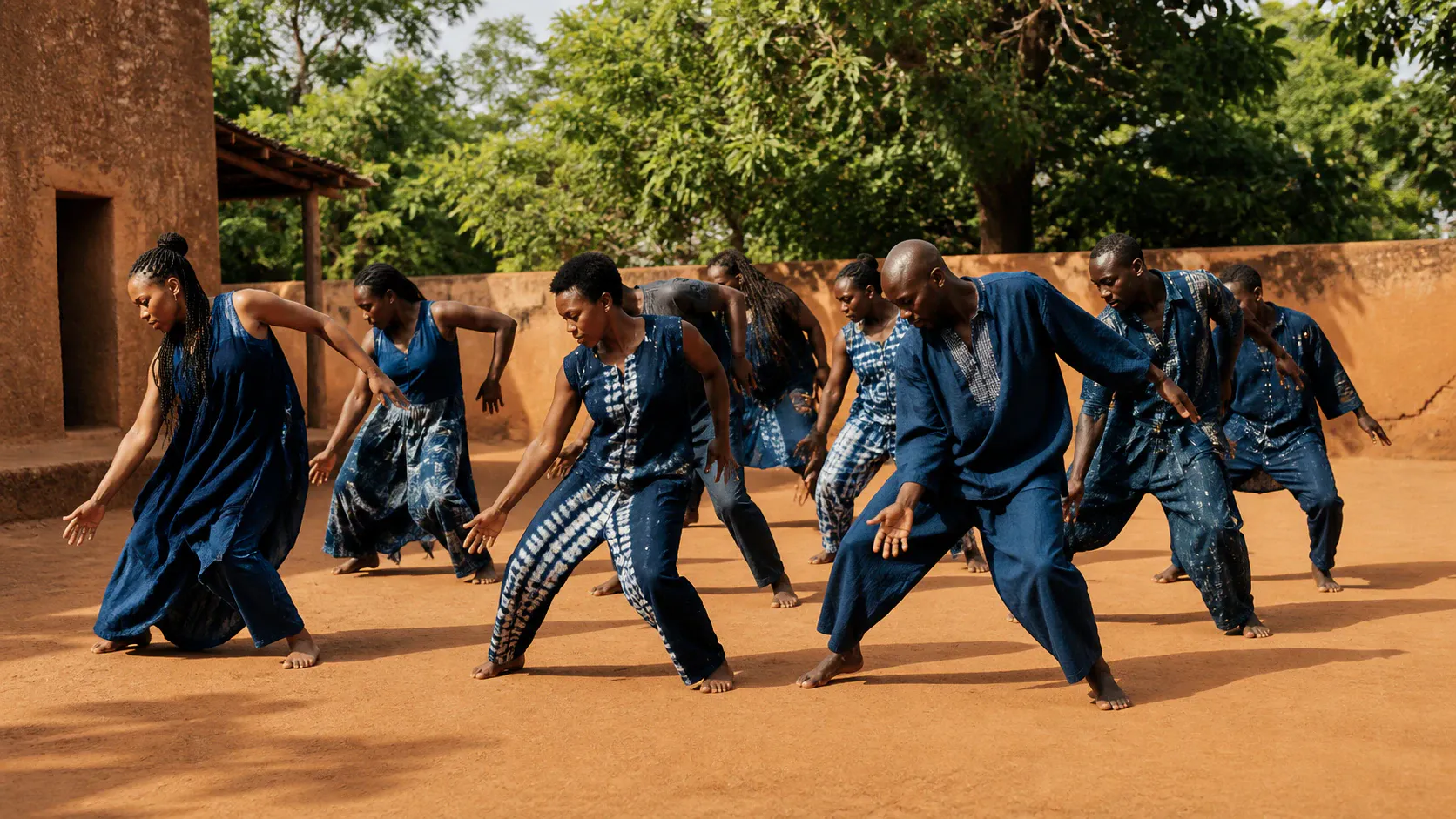 A wide shot captures a troupe of nine dancers performing outdoors on a red earthen courtyard. The performers wear indigo blue garments, several featuring white tie-dye or batik patterns, and dance barefoot with dynamic, synchronized gestures and grounded stances. In the background stands an earthen clay wall and building structure, bordered by lush green leafy trees under direct sunlight.