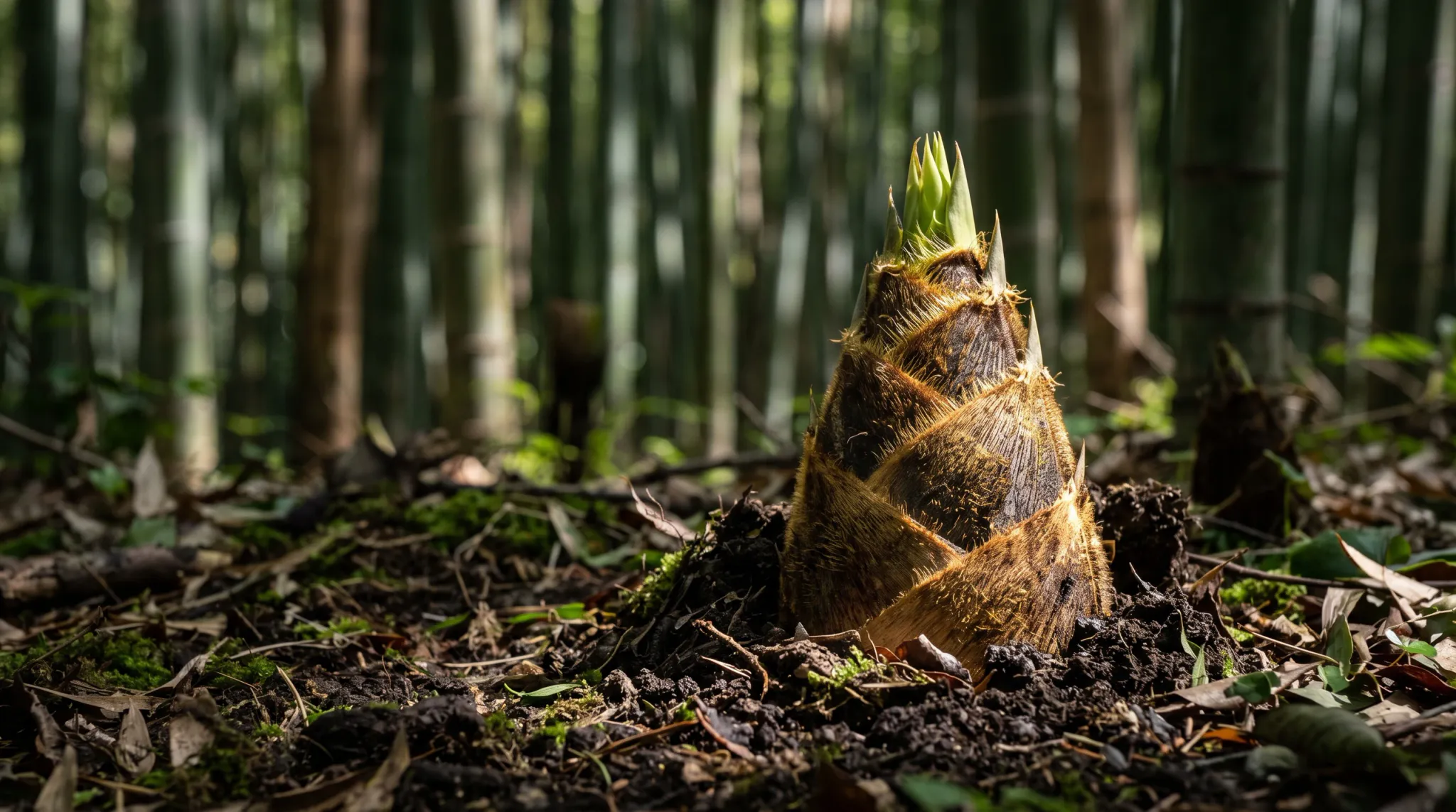 A large young bamboo shoot with layered brown-gold protective sheaths and fresh green pointed leaves rises from dark soil and leaf litter in a sunlit bamboo forest. The shoot is positioned on the right side of the frame, with softly blurred bamboo trunks and green undergrowth behind it.