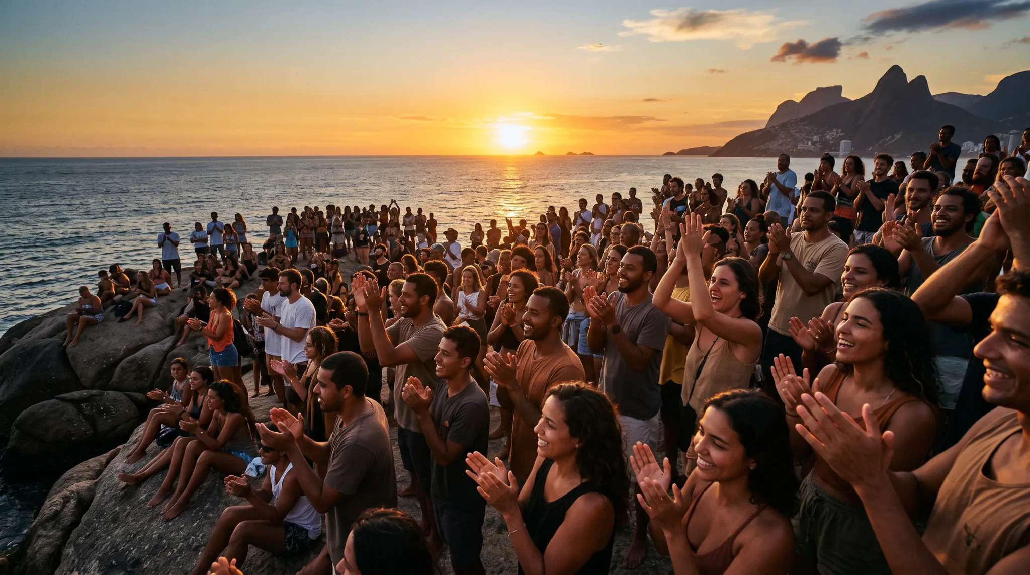 A large crowd of people gathers on a rocky promontory at the ocean's edge to watch and applaud the golden sunset. Prominent mountains rise in the distant background across the water as sunlight reflects off the sea surface. Numerous people in casual attire smile, stand, sit, and raise their hands in coordinated applause.