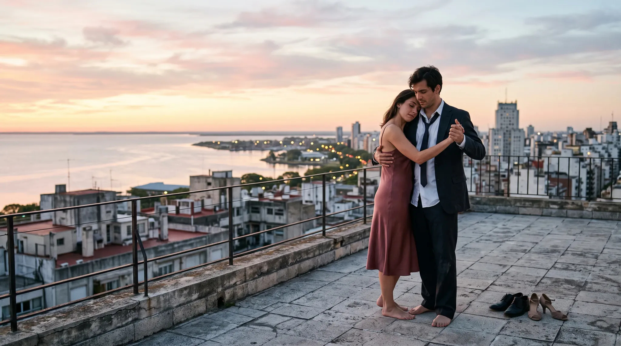 A romantic full-body shot of a barefoot couple slow dancing on an open rooftop terrace during sunset. The woman, wearing a sleeveless dusty rose slip dress, rests her head against the man's chest with closed eyes. The man, dressed in a dark suit with an unbuttoned white shirt and loosened necktie, holds her close. Their discarded black dress shoes and beige high heels sit on the stone-tiled floor behind them, overlooking an expansive coastal city skyline and evening sky.