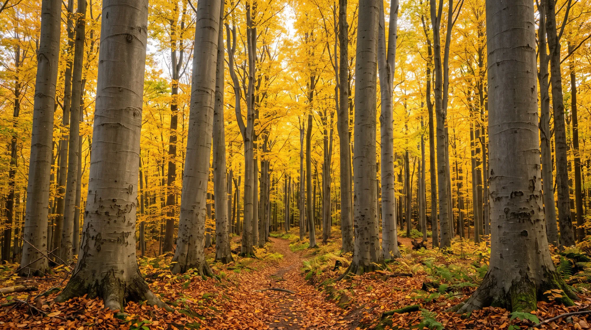 A bright and vibrant autumn forest with a winding path running through the center. Tall, smooth, grey trunks of beech trees stand prominent in the foreground, reaching up to a dense canopy of intensely yellow leaves. The ground is thickly covered in orange and brown fallen leaf litter, with the faint dirt path meandering into the distance under the soft, diffuse daylight.