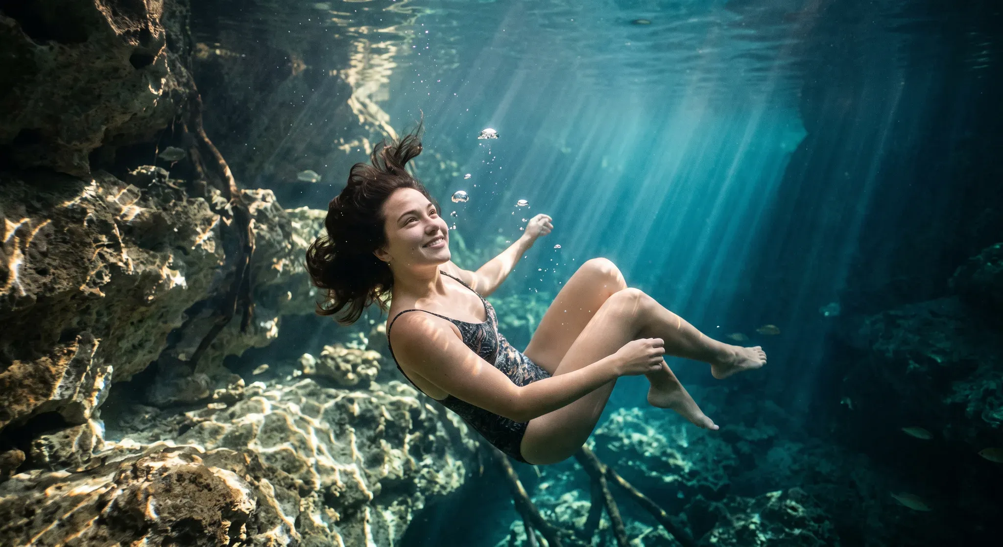 A smiling young woman in a patterned one-piece swimsuit floats weightlessly underwater in a sunlit cenote cavern, surrounded by clear turquoise water, submerged rocks, and descending light rays.