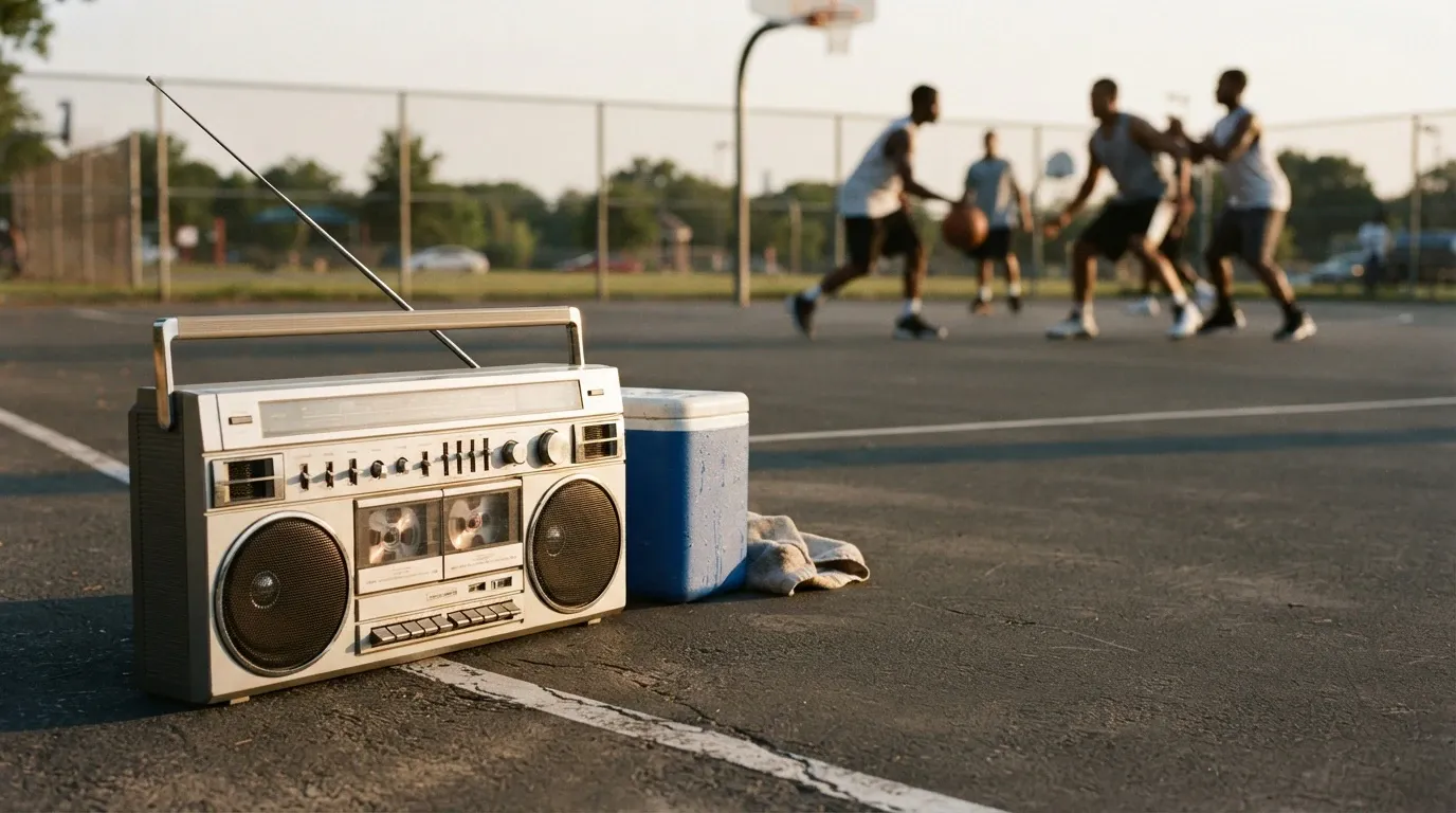 A vintage silver-and-black dual-cassette portable boombox radio with an extended telescopic antenna rests on the asphalt pavement of an outdoor basketball court next to a blue-and-white beverage cooler and a gray towel. In the shallow depth of field background, a group of young men play basketball beneath an outdoor hoop during golden hour.