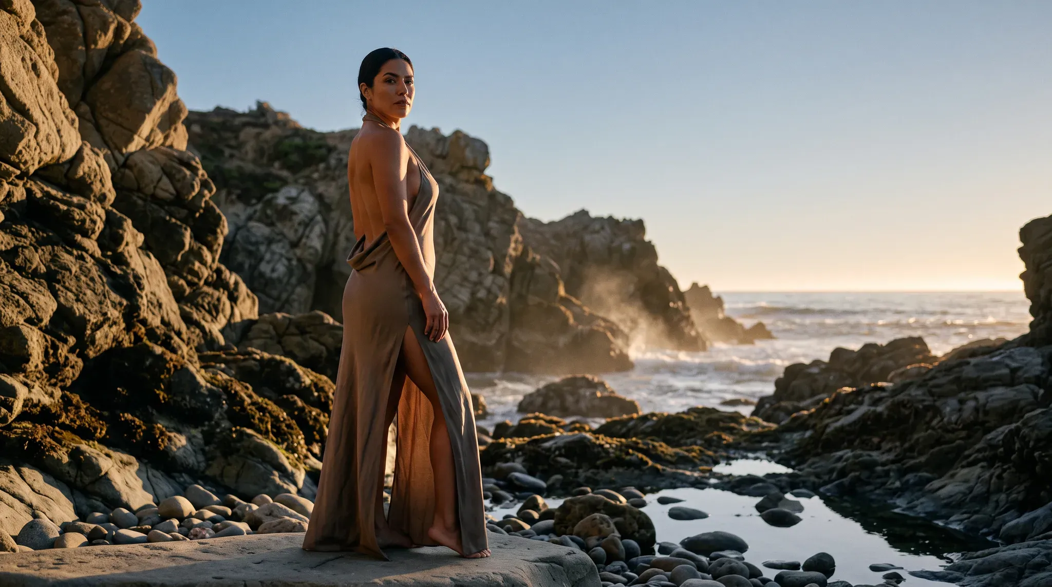 A full-body woman stands on coastal rocks beside tide pools, wearing a long flowing brown dress with an open back and high side slit. Waves, sea spray, rugged rock formations, and a clear ocean horizon appear behind her in warm sunset light.