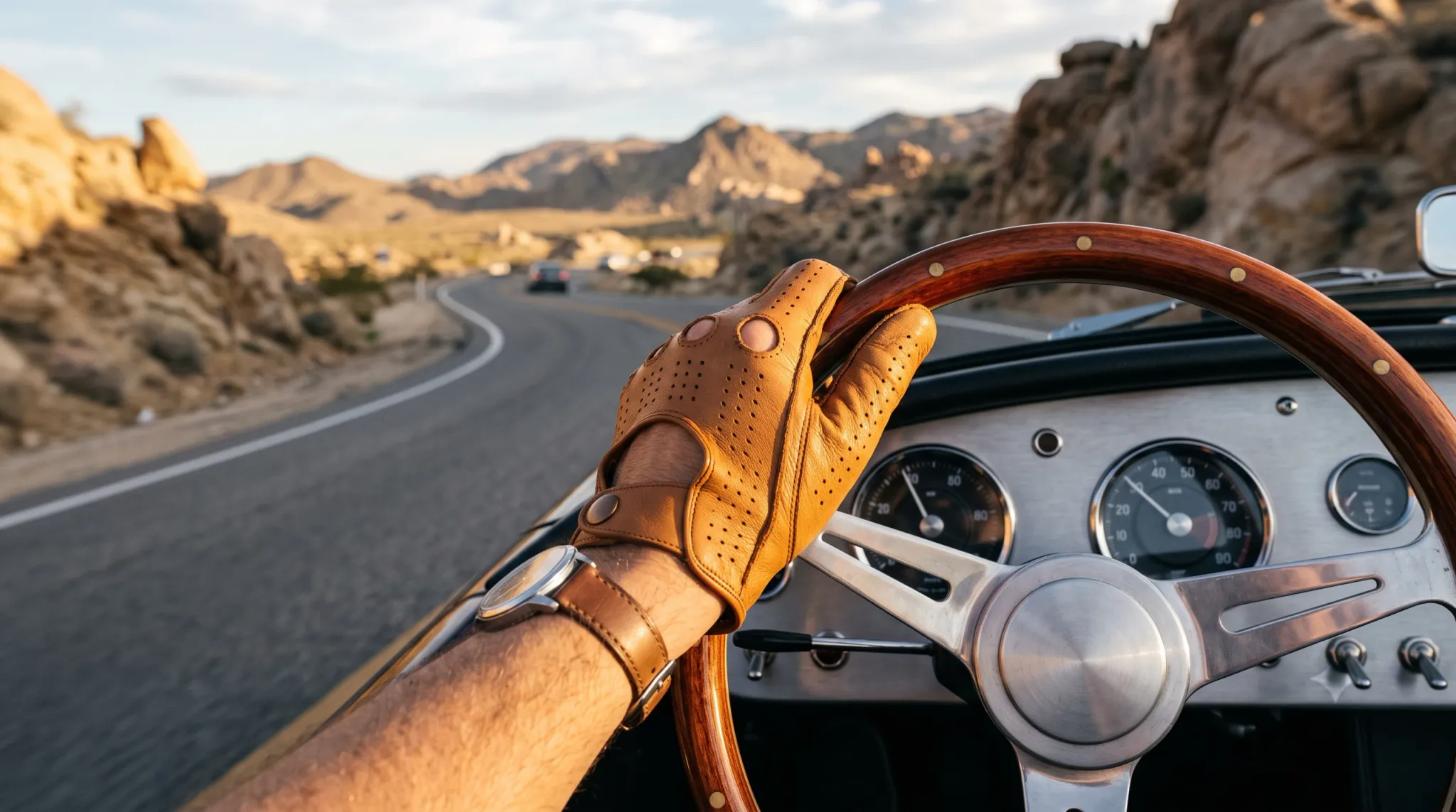 A first-person point-of-view shot from inside a classic/vintage open-top car. The driver's right hand and forearm fill the left foreground, wearing a tan perforated leather driving glove and a silver-cased watch with a brown leather strap. The hand grips a three-spoke steering wheel with a polished wood rim and brushed metal spokes and center hub. The dashboard panel behind the wheel features multiple round analog gauges with dark faces and silver bezels. The road ahead is a two-lane asphalt highway curving gently into the distance, bordered by desert rock formations and boulders in warm golden light. A car is visible far ahead on the winding road. Rocky hills and mountains form the mid-ground backdrop, with a partly cloudy sky above. The overall mood is adventurous and nostalgic — a classic road-trip aesthetic.