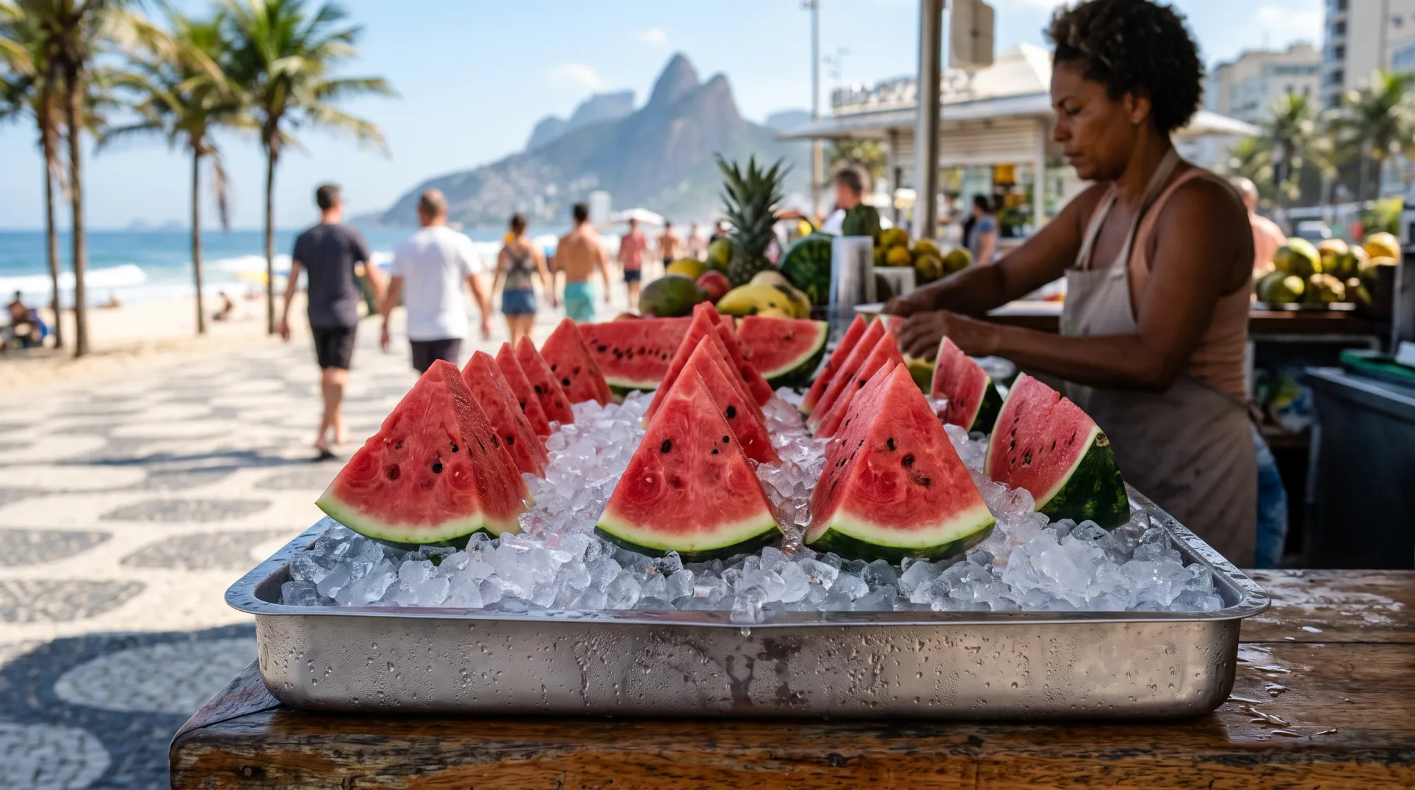 A woman in a light apron serves sliced watermelon from a full metal tray packed with ice at a busy tropical beach promenade. Palm trees, ocean surf, sandy beachgoers, a mountain backdrop, and a small fruit stand are visible in bright daylight.