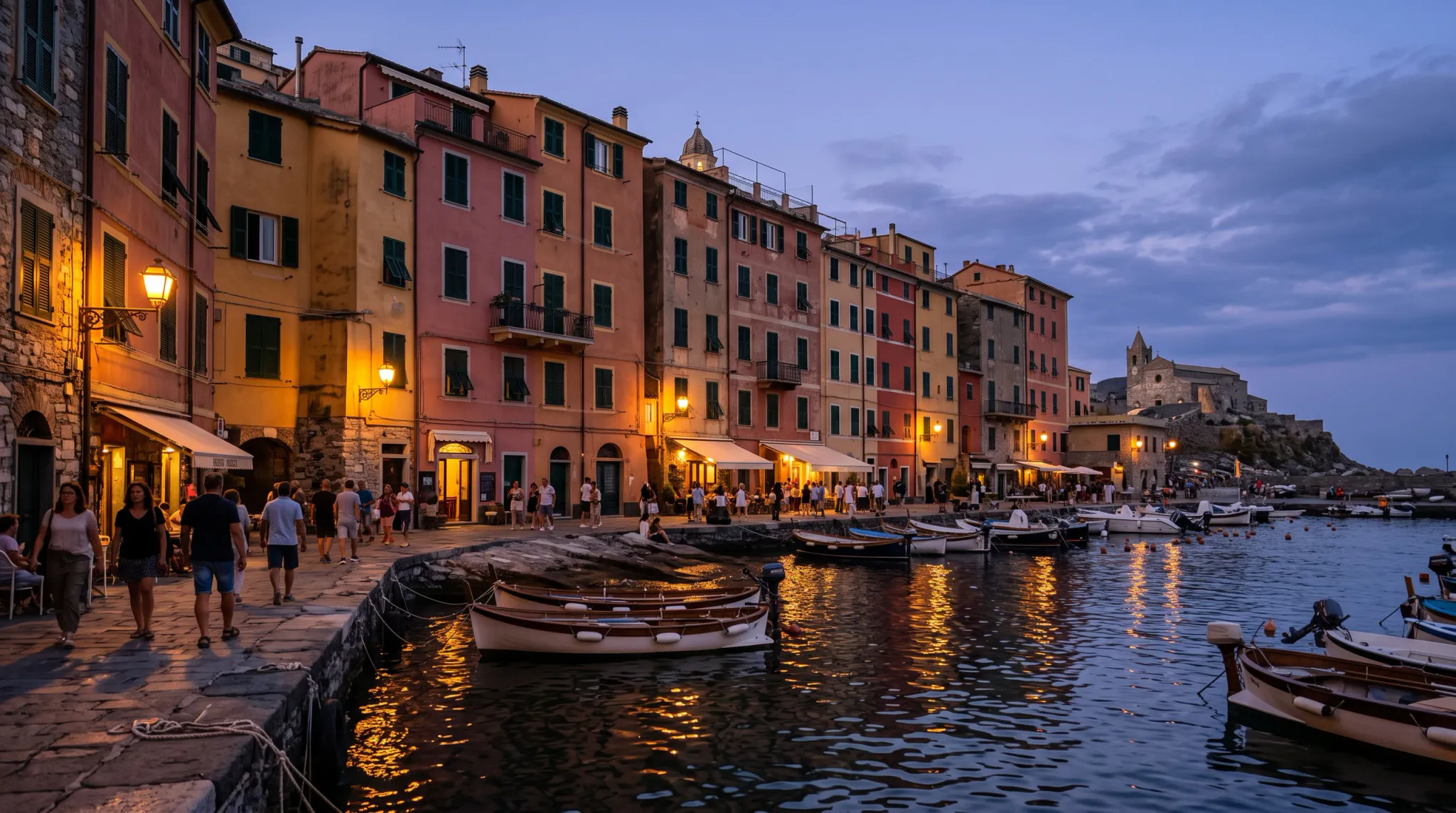 A lively waterfront promenade at dusk, lined with tightly packed colorful historic buildings and warmly lit restaurants. Numerous people stroll and gather along the stone quay while small boats float in the rippled harbor. A prominent stone church or chapel stands on a rocky rise at the far end beneath a dramatic blue evening sky.