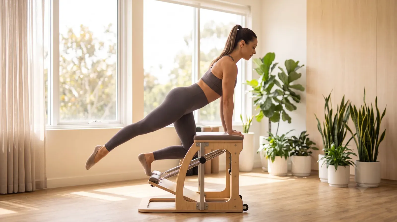A woman with dark brown hair in a high ponytail performs a leg exercise on a wooden Pilates chair in a sunlit indoor studio. She wears a matching heather gray sports bra and ankle-length leggings, leaning forward with straight arms supporting her torso on the padded seat while extending one leg backward. Large bright windows, wood flooring, and green potted houseplants decorate the calm space.