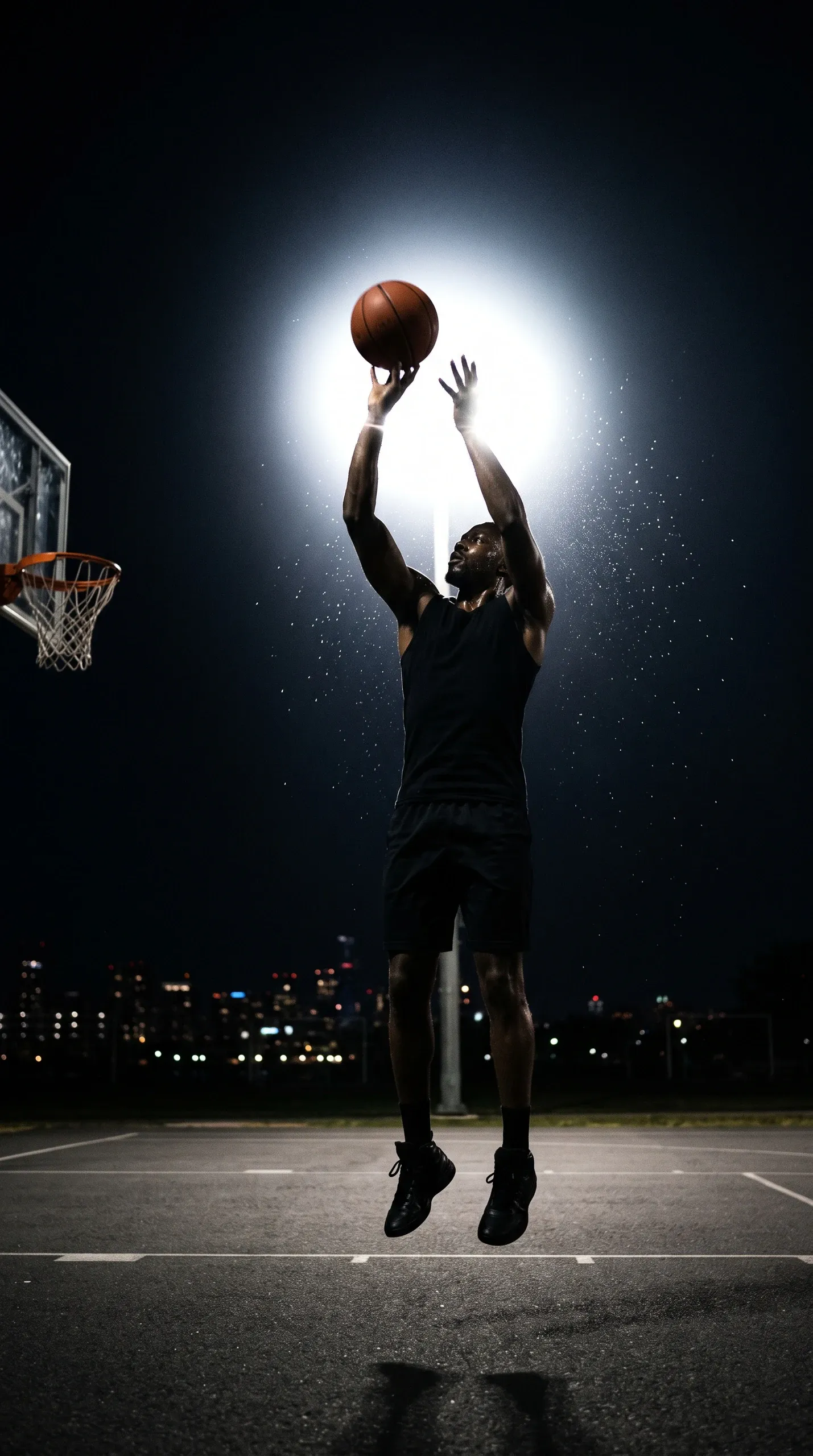 A male basketball player is captured airborne in mid-jump shot on an outdoor asphalt court at night, holding a basketball overhead with both hands. He is intensely backlit by a bright overhead street floodlight that creates rim lighting and illuminates flying sweat droplets against the dark sky. In the distant background, blurred city lights dot the horizon.