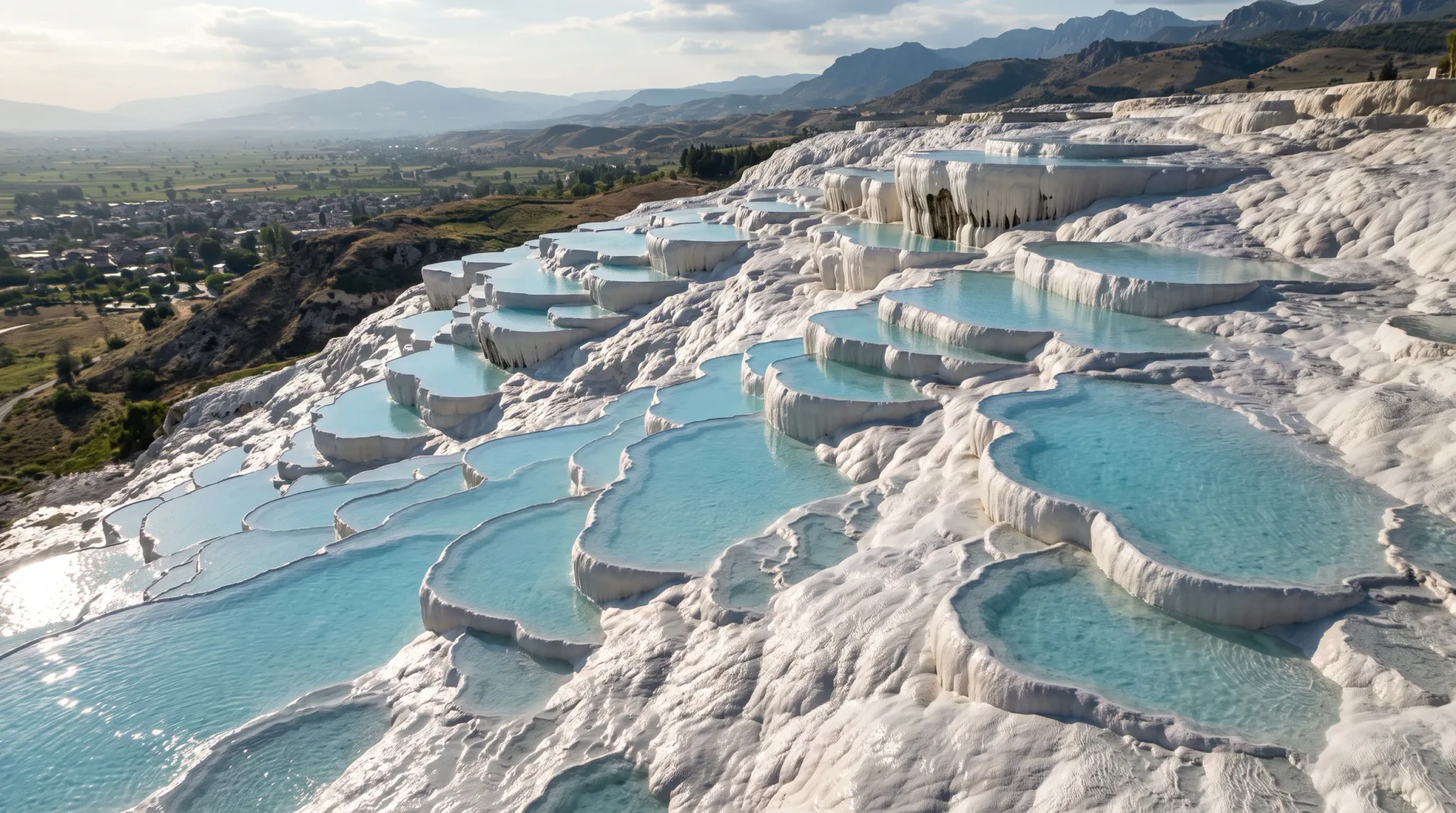 A panoramic high-angle view of the iconic white travertine terraces and stepped limestone pools filled with turquoise thermal water at Pamukkale, Turkey, overlooking an expansive green valley and mountain range in direct sunlight.