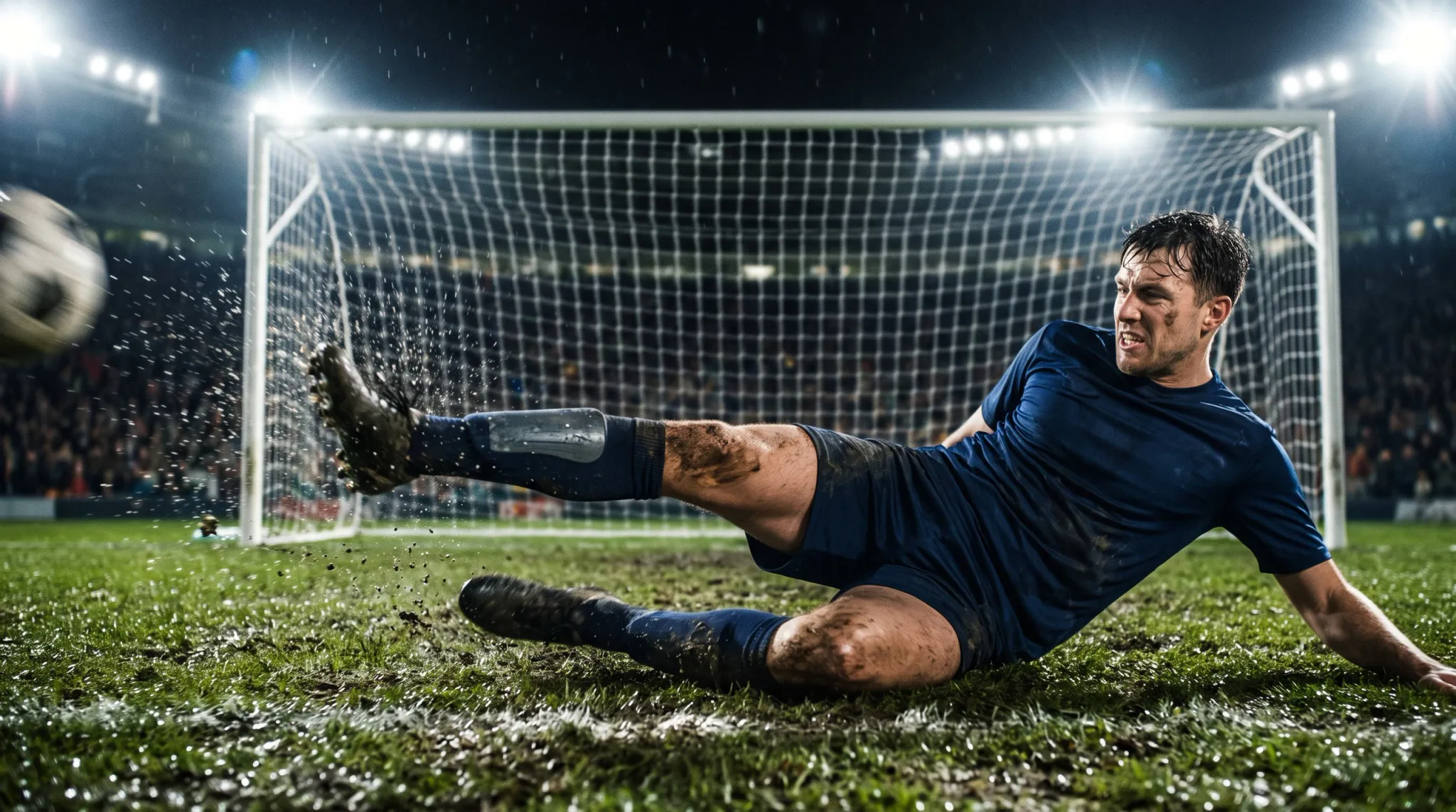 A male soccer player wearing a dark blue uniform slides across muddy grass in front of an illuminated soccer goal during a night match. Mud and water droplets spray upward from his raised right boot as a soccer ball moves across the foreground, while blurred spectators fill the stadium stands in the background under floodlights.