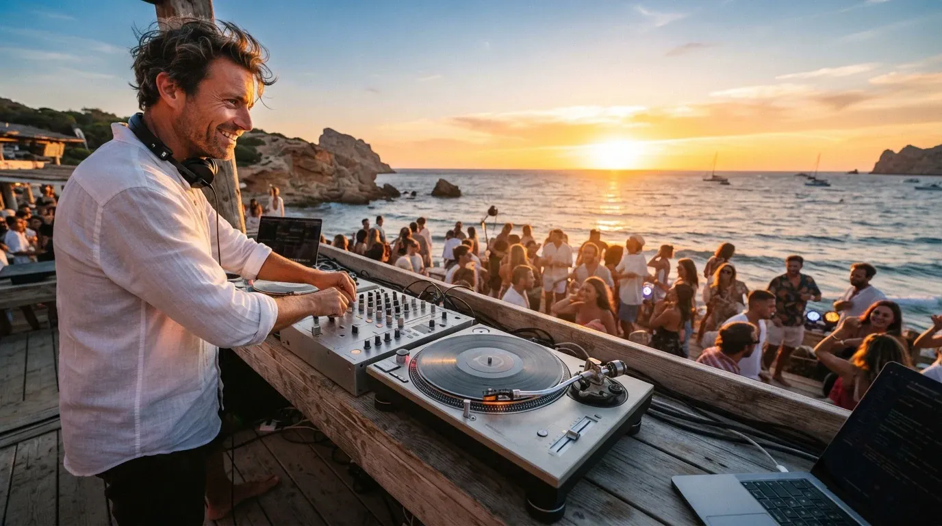 A smiling male DJ in a white relaxed-fit shirt stands behind a wooden outdoor booth with turntables and laptops, playing music for a crowd gathered on a coastal beach during a golden sunset over the sea.