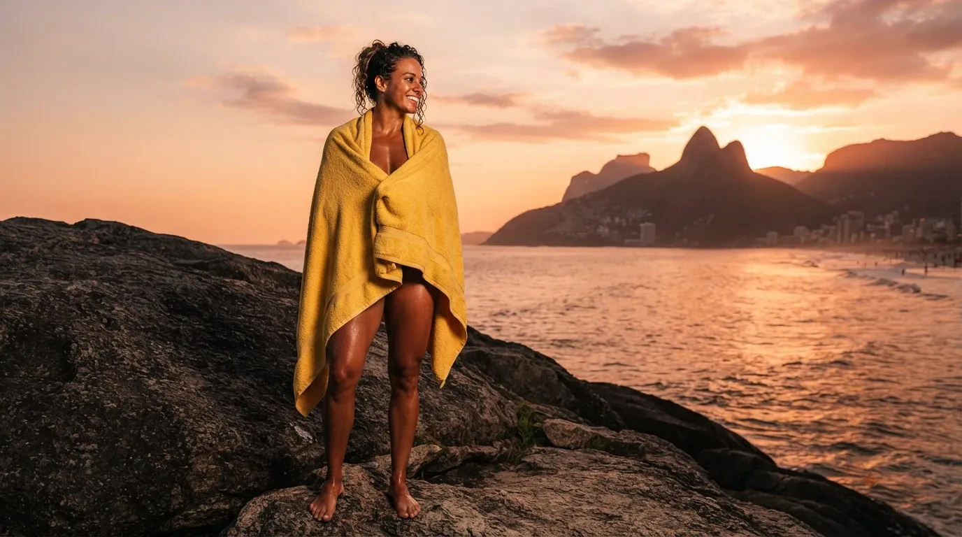 A smiling barefoot woman with dark curly hair tied up stands on a rocky shoreline, wrapped in a mustard-yellow towel. She looks toward the glowing sunset over calm water, with a mountainous coastal landscape and beach in the background.