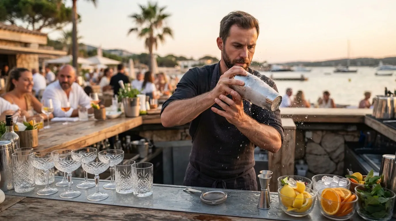 A focused male bartender wearing a dark apron stands behind a wooden counter at an outdoor seaside bar, shaking a metal cocktail shaker with both hands as droplets spray into the air. In the foreground, cut crystal cocktail glasses, bar tools, and bowls of sliced lemons, oranges, and mint sit prepared. In the blurred background, patrons sit enjoying drinks at golden hour with palm trees and boats on the water visible under a warm evening sky.