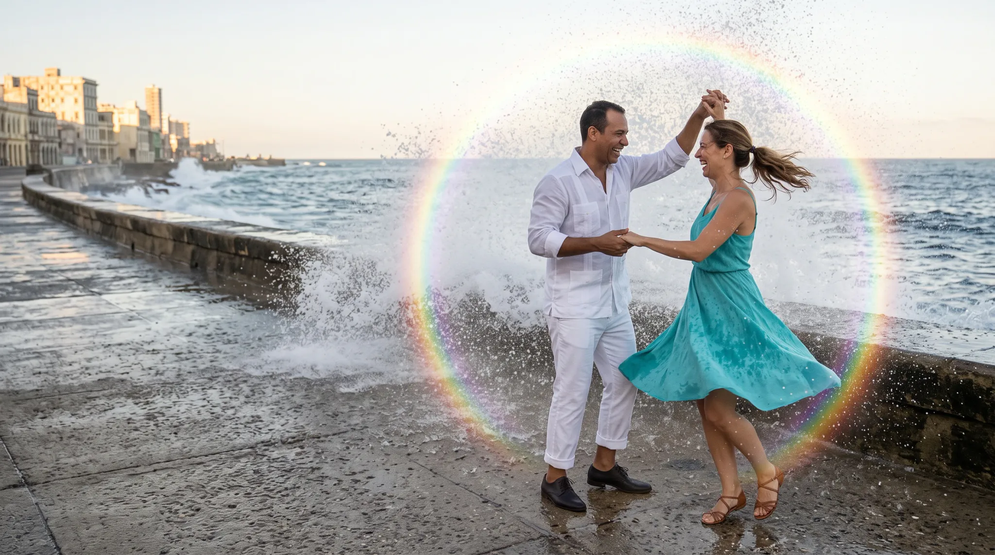 A smiling man in white and a woman in a flowing teal dress dance hand-in-hand on a concrete seaside breakwater as waves crash behind them. A large rainbow arcs through the sea spray, with waterfront buildings receding along the left horizon in warm sunlight.