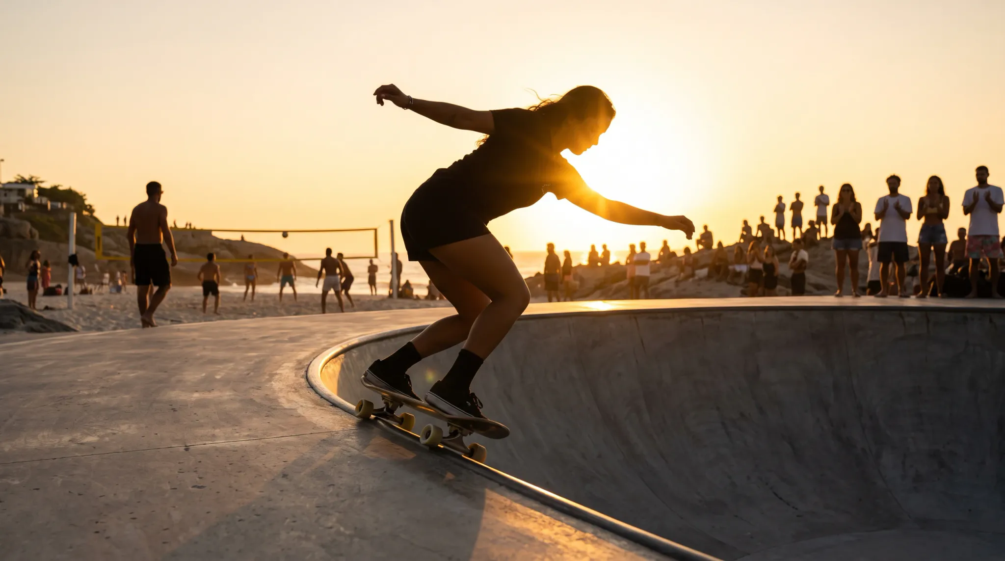 A woman in black clothing rides a skateboard along the edge of a concrete skatepark bowl at sunset. She leans forward with both arms extended for balance, while spectators and a volleyball net are visible in the beachside background.