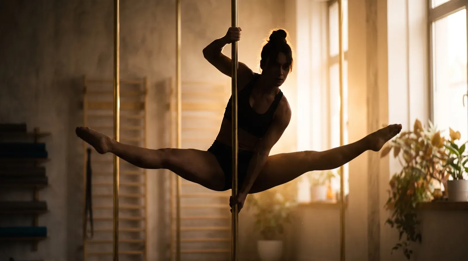 A fit woman wearing a black sports bra and athletic shorts executes a suspended horizontal straddle split on a vertical brass dance pole in an indoor studio with warm backlight.