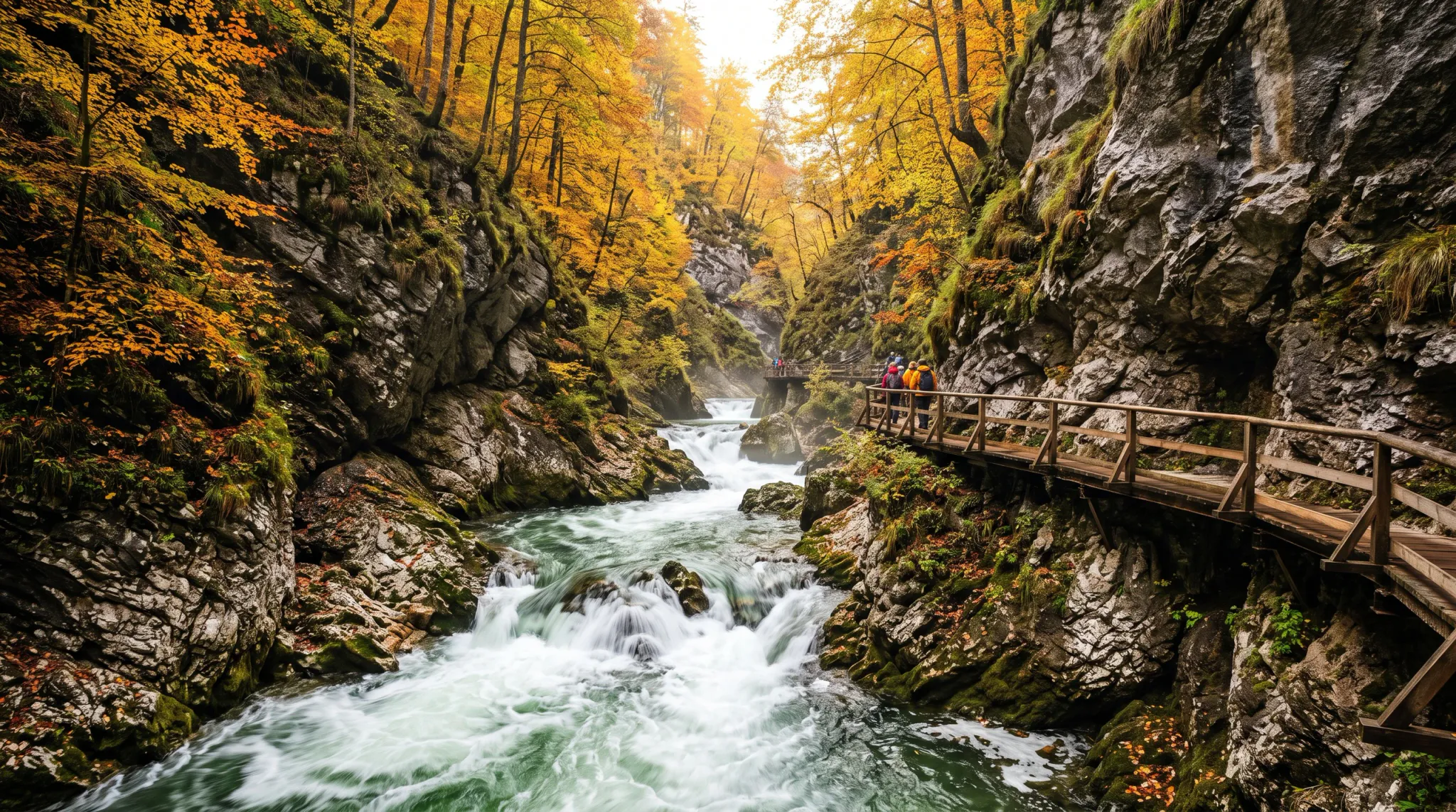 A vibrant autumn river canyon featuring rushing turquoise and white rapids flowing between steep, rugged limestone cliff walls covered with moss and patches of golden foliage. Above the gorge, a dense canopy of deciduous trees displays brilliant yellow and orange fall leaves under soft daylight. A wooden boardwalk path with timber railings is affixed to the right cliff face, where several distant hikers in colorful outdoor jackets walk along the trail above the cascading water.