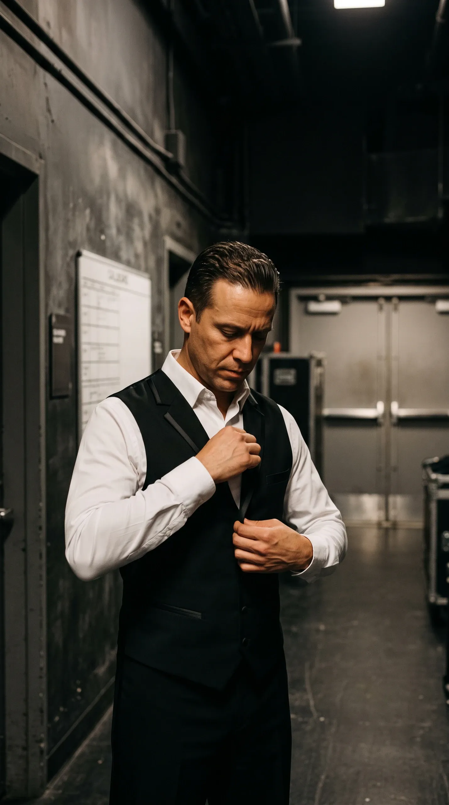 A three-quarter portrait of an adult man in a moody backstage corridor, adjusting the front of his black formal waistcoat worn over an open-collared white dress shirt and black trousers. His dark hair is slicked back, and his gaze is directed downward in focused preparation. He wears no glasses, hat, watch, or jewellery. The background features textured dark walls, exit doors, and road equipment cases.