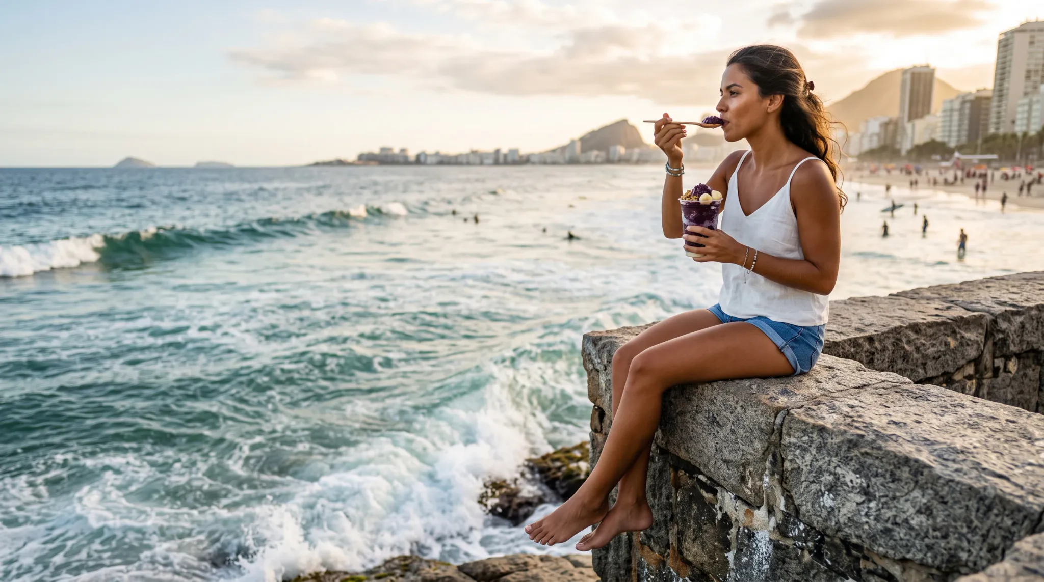 A woman sits barefoot on a stone seawall overlooking ocean waves and a coastal beach city, eating an açaí bowl topped with sliced bananas using a wooden spoon.