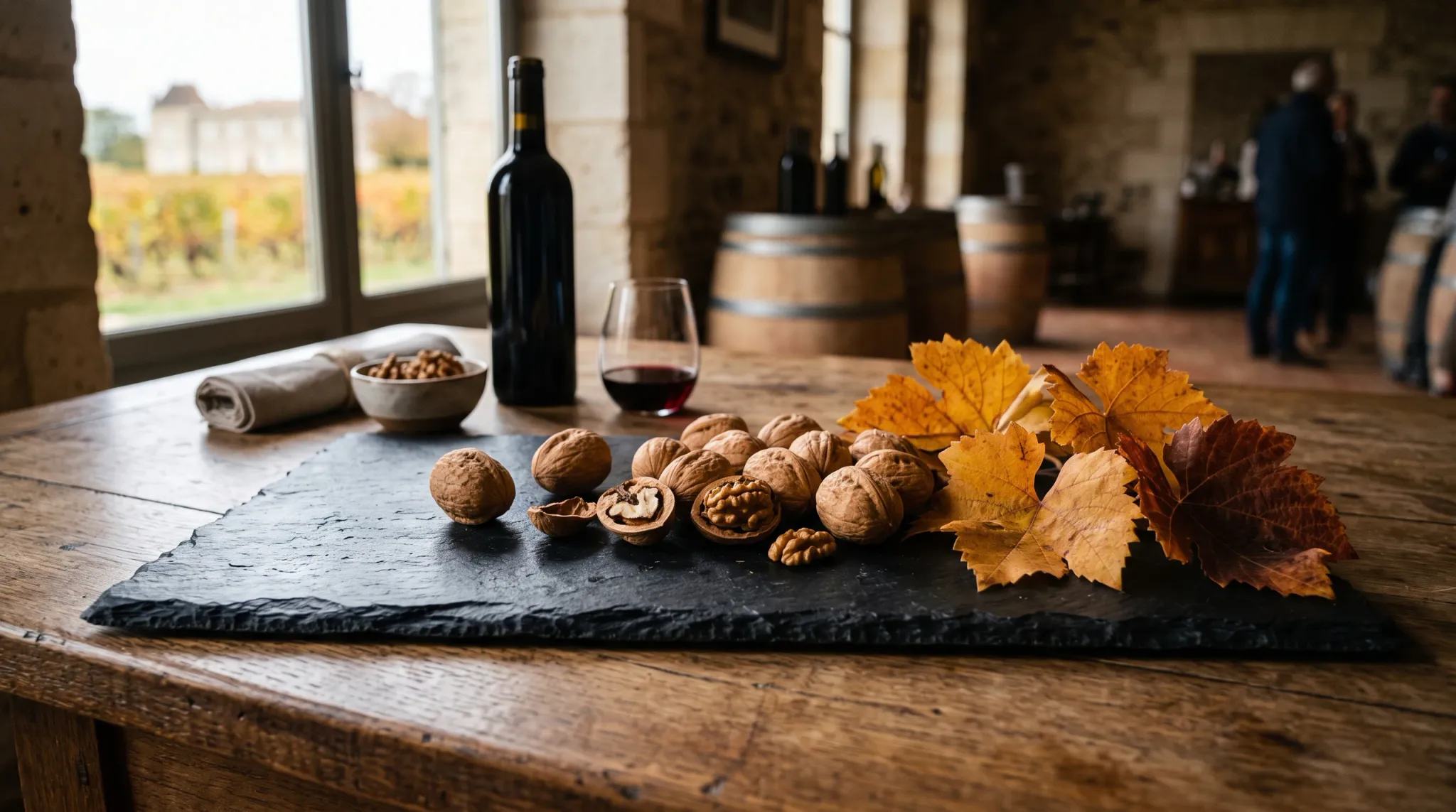 A rustic wooden table in a stone winery tasting room features a dark slate platter displaying whole and cracked walnuts alongside dried golden autumn grapevine leaves. Beside the slate board stands a glass of red wine and a dark wine bottle, with a small bowl of nut pieces and a rolled linen napkin nearby. Through the window on the left, an outdoor vineyard is visible, while wooden aging barrels and blurred figures populate the background under soft natural illumination.