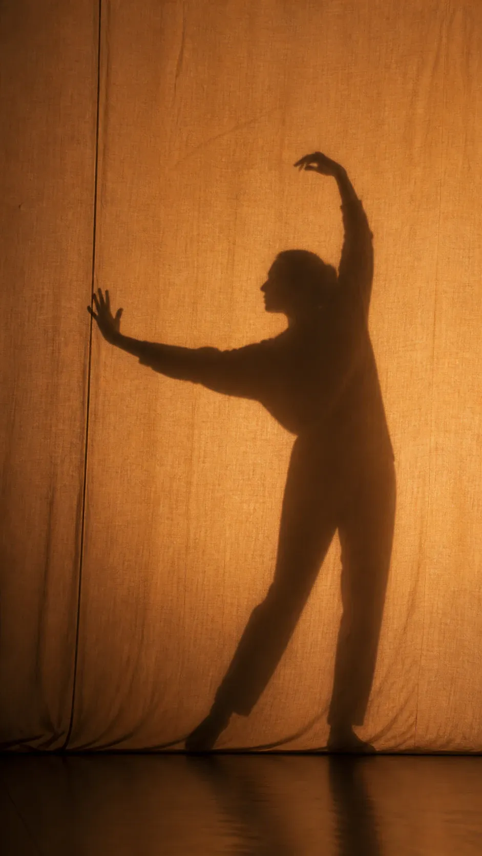 A full-body silhouette of a dancer posing behind a warm amber-toned translucent fabric curtain. The performer is captured in an expressive dance stance with one arm curved overhead and the other hand resting against the cloth screen under diffuse backlighting.