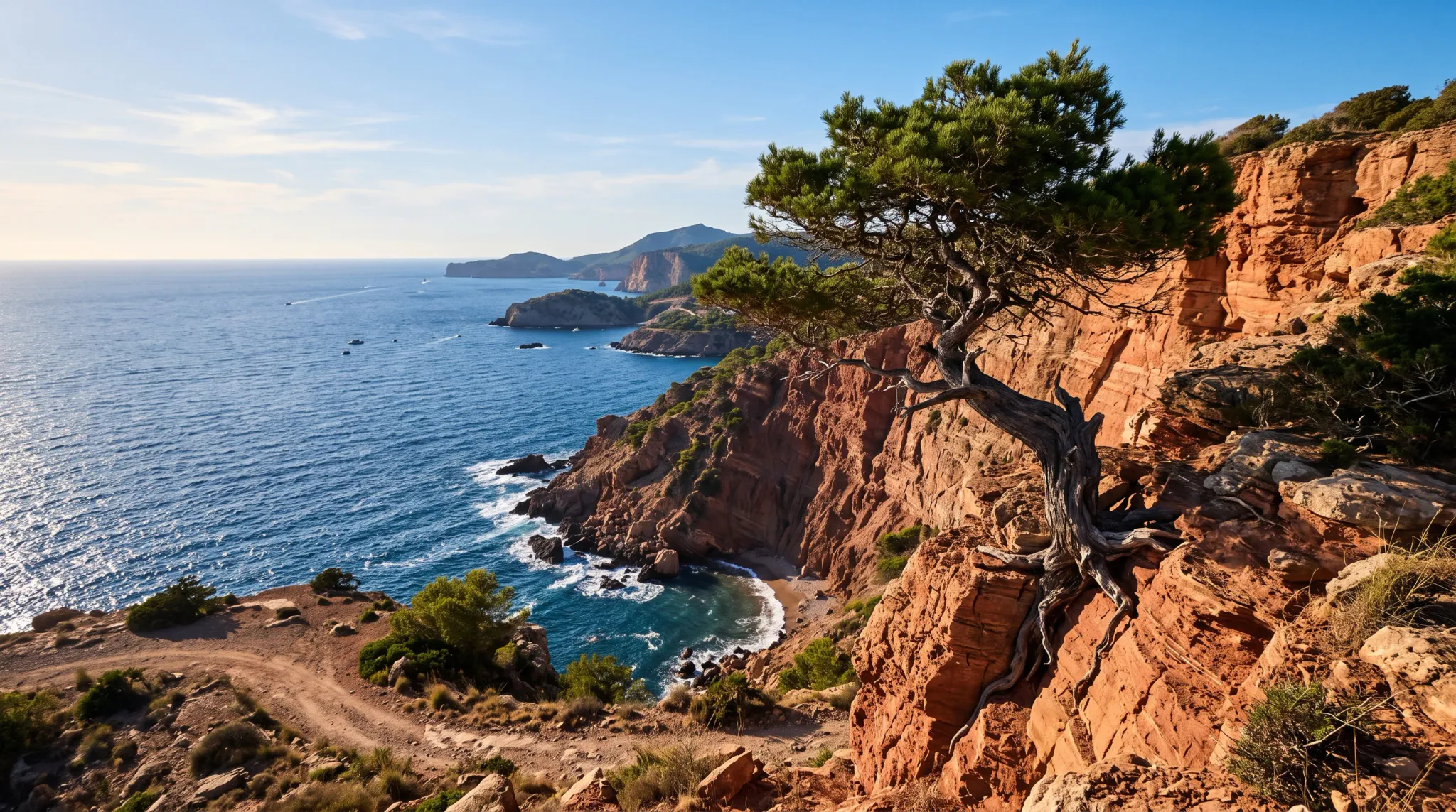 Wide scenic view from a rocky coastal cliff overlooking deep blue ocean, red-orange sea cliffs, a small sheltered cove, distant headlands and islands, and a windswept twisted pine tree in the foreground. Bright clear daylight and a mostly open sky create a dramatic natural travel landscape.
