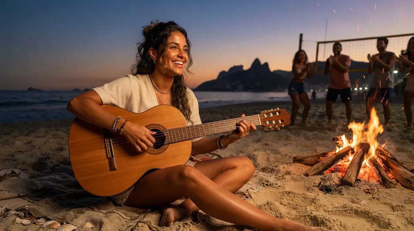A young woman sits cross-legged on a sandy beach at dusk, smiling broadly while playing a wooden acoustic guitar beside a glowing campfire. In the background, a group of friends claps and dances near a volleyball net with coastal mountain silhouettes under a twilight sky.
