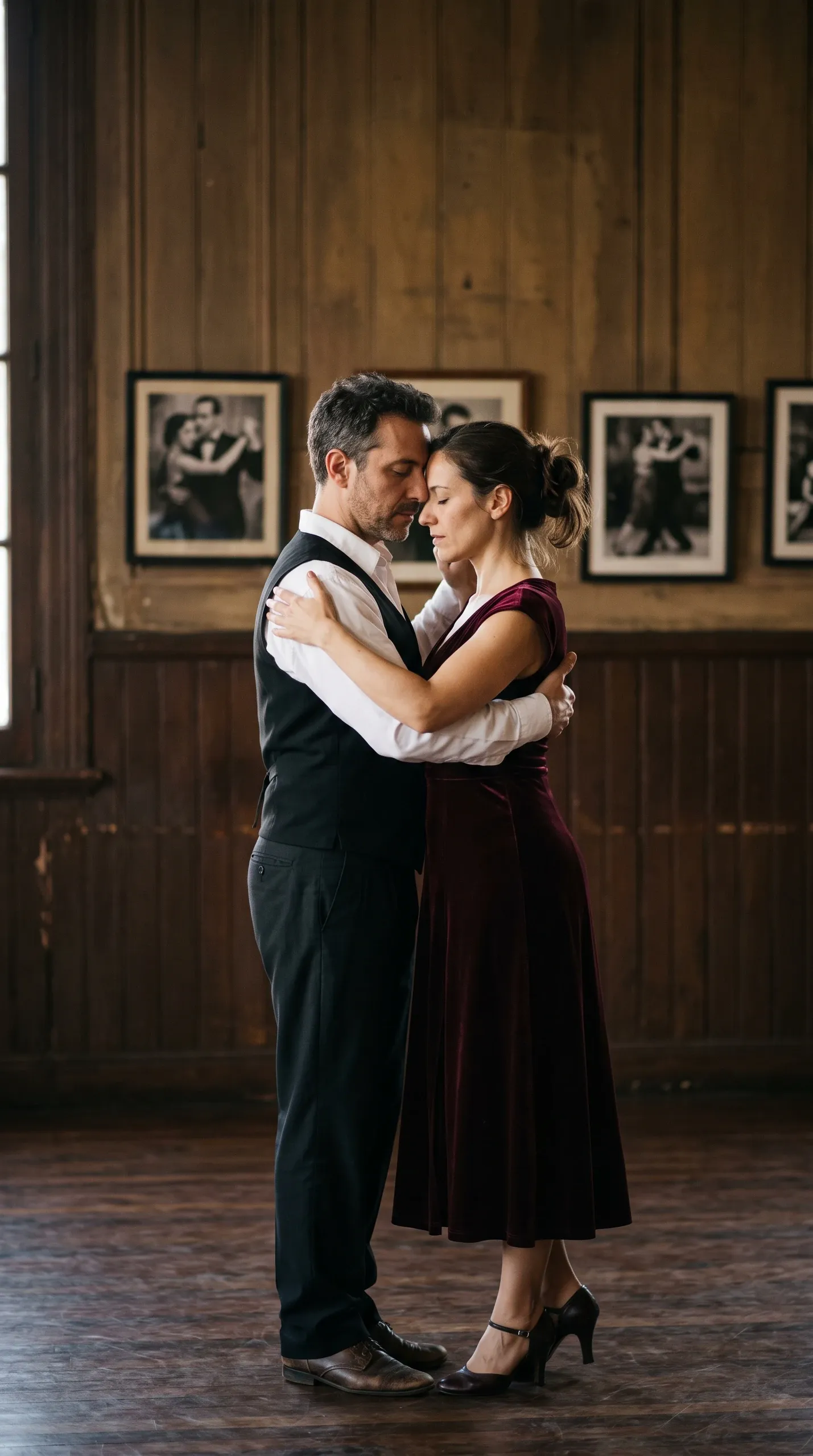 Two adults dance closely in an indoor dance studio with wood-paneled walls, framed dance photographs, and a polished wood floor. The man wears a white shirt, black vest and trousers, and brown dress shoes; the woman wears a burgundy sleeveless midi dress and black heeled shoes. They face each other in an intimate embrace with their eyes closed.