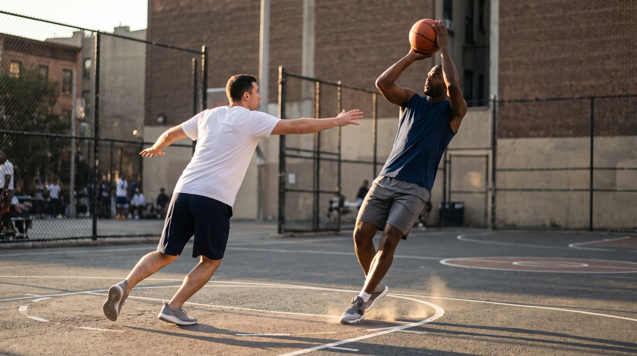 A male basketball player in a navy tank top and gray shorts leaps to shoot an orange basketball overhead, while another male player in a white t-shirt and dark shorts extends his arm to defend. The game takes place on an outdoor asphalt court enclosed by a chain-link fence, with a multi-story brick building in the background illuminated by warm afternoon sunlight.