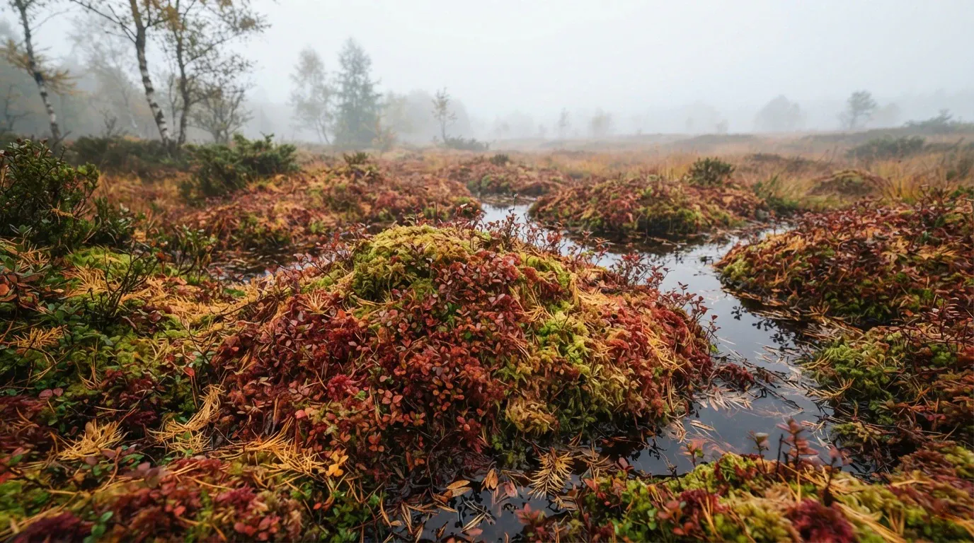 A wide, eye-level landscape photograph of a misty wetland. Red-brown and green mossy vegetation surrounds shallow reflective water channels, with low shrubs, ferns, and birch trees fading into the foggy background.