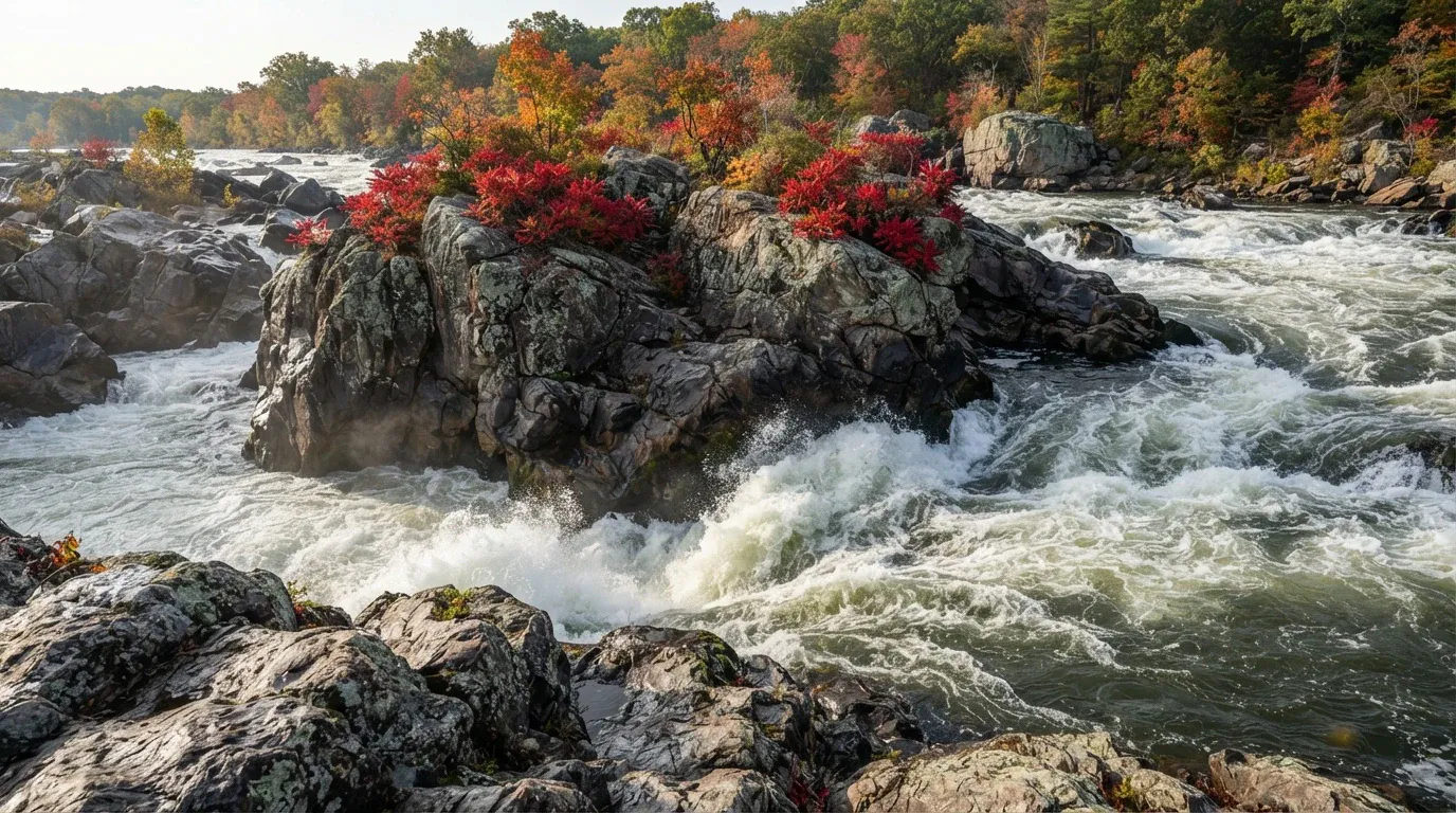 Wide, eye-level view of fast whitewater rapids rushing around a central rocky island, with red shrubs and a dense forest of orange, red, yellow, and green autumn foliage along the riverbanks.