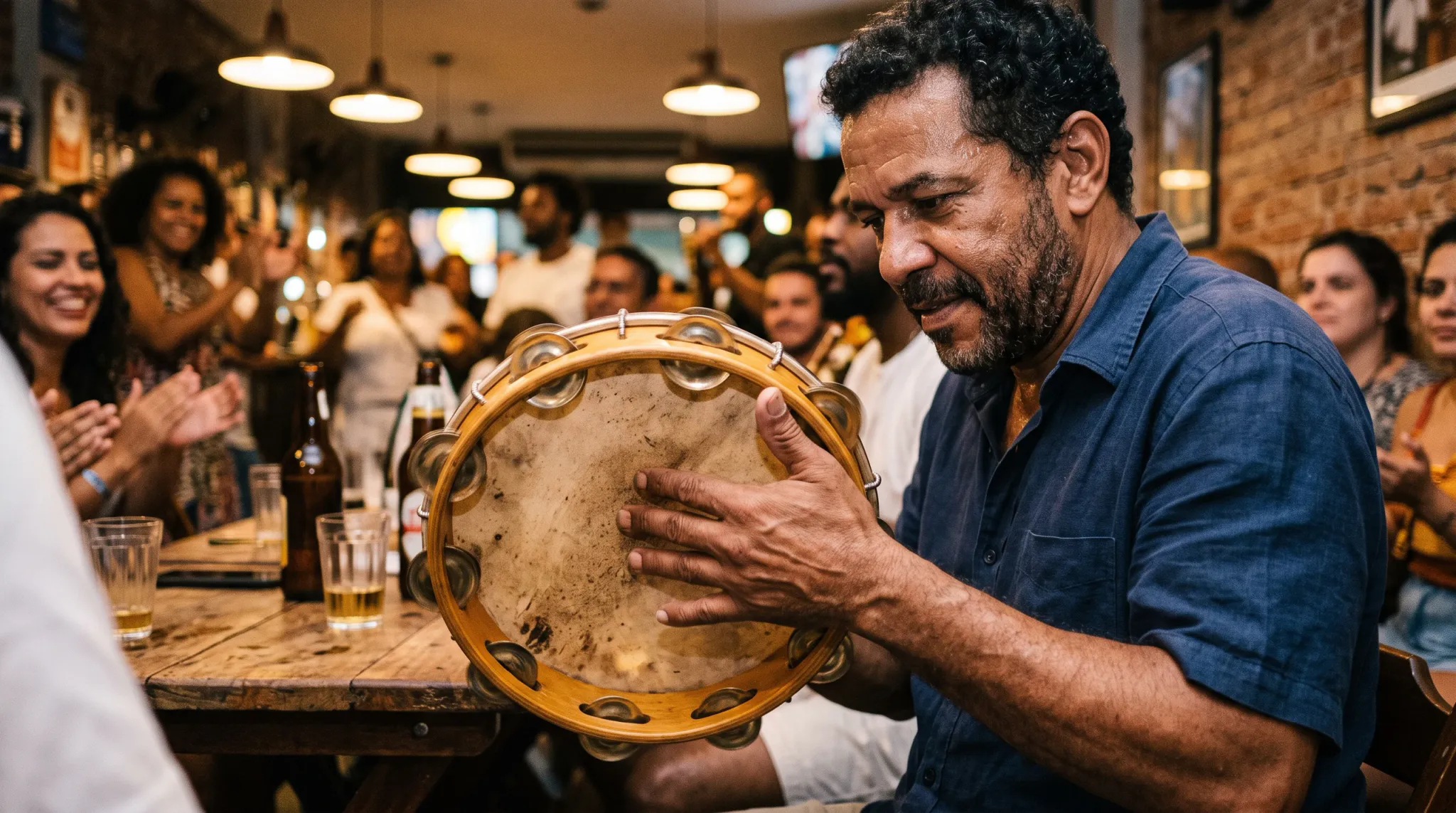 A close-up shot of a middle-aged man with dark curly hair and a short beard, wearing a short-sleeved blue button-up shirt, playing a tambourine (pandeiro). He is seated at a rustic wooden table in a dimly lit, crowded indoor venue, likely a bar or pub. His gaze is focused downward on the instrument as his right hand strikes its surface. Several brown beer bottles and partially filled drinking glasses rest on the table in front of him. In the softly blurred background, a crowd of people can be seen enjoying the music, with some patrons actively clapping along. Warm light emanates from industrial-style pendant lamps hanging above the gathering.