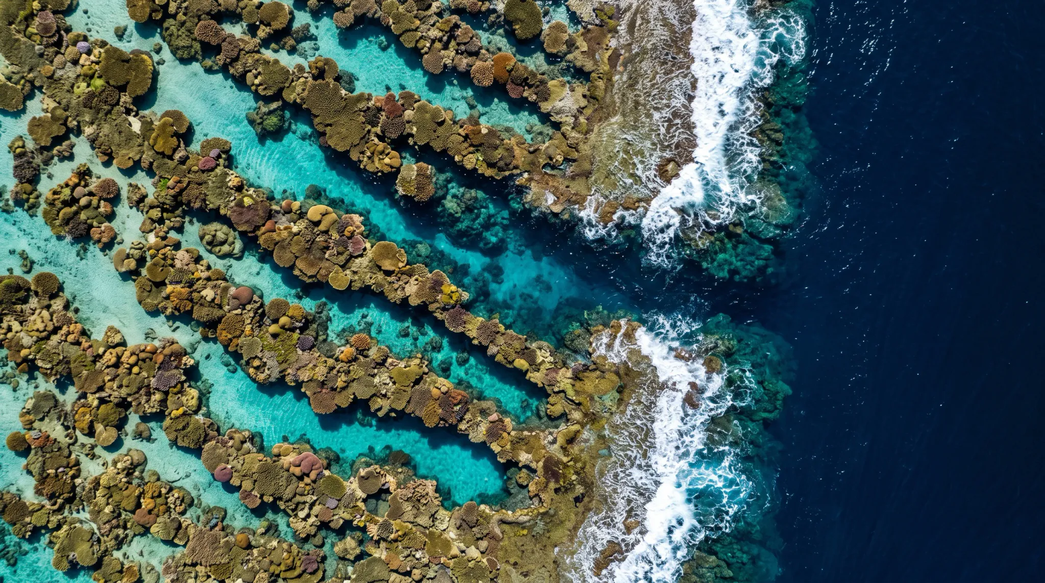 Top-down aerial view of a broad coral reef with dense tan, brown, green, and pink coral formations in vivid turquoise shallow water. White surf breaks along the reef edge beside deep navy-blue open ocean, with pale sandy channels visible between reef structures.
