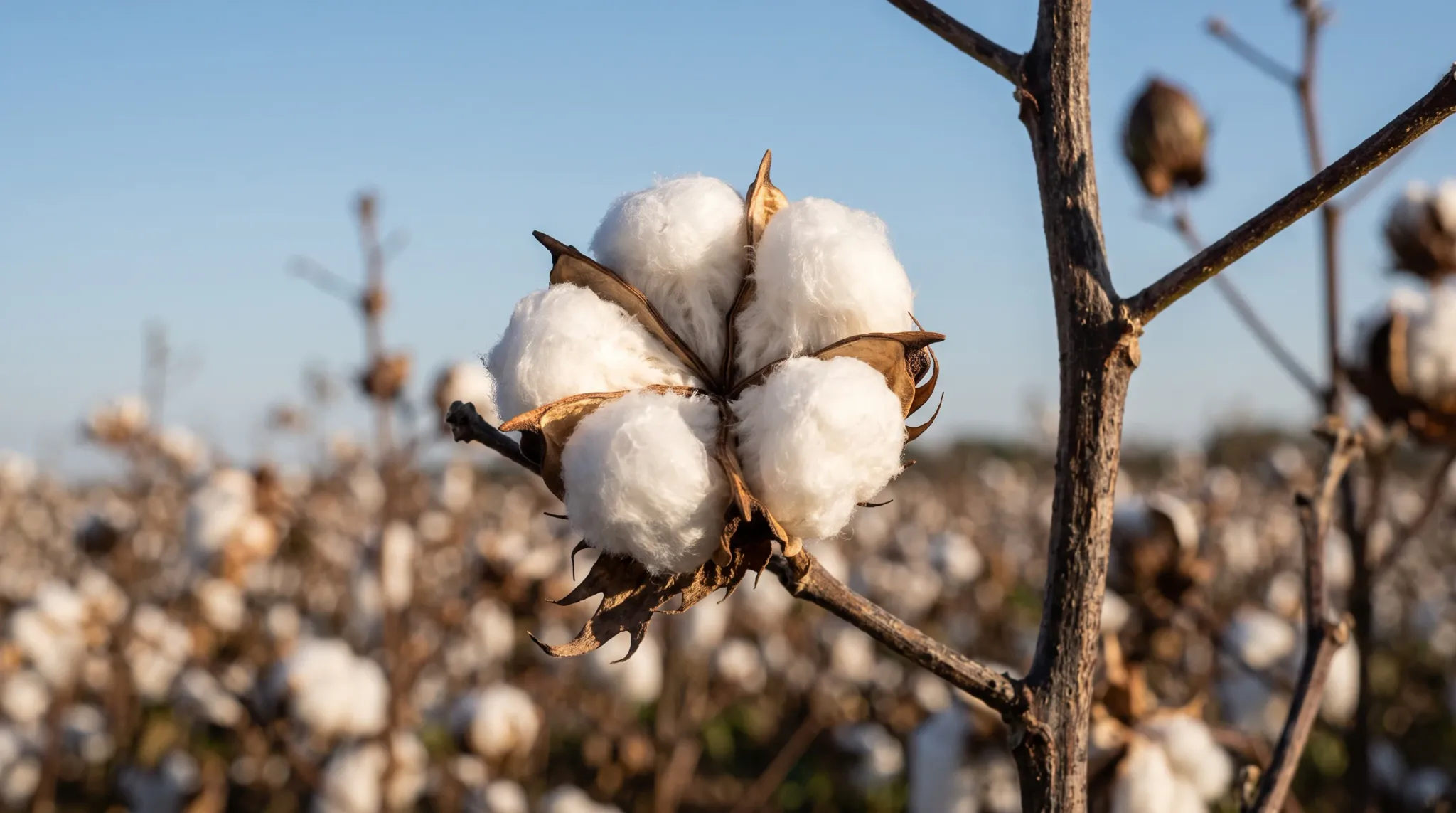 Close-up of an opened white cotton boll with brown bracts on a rough branch, set against a softly blurred cotton field beneath a clear blue sky.
