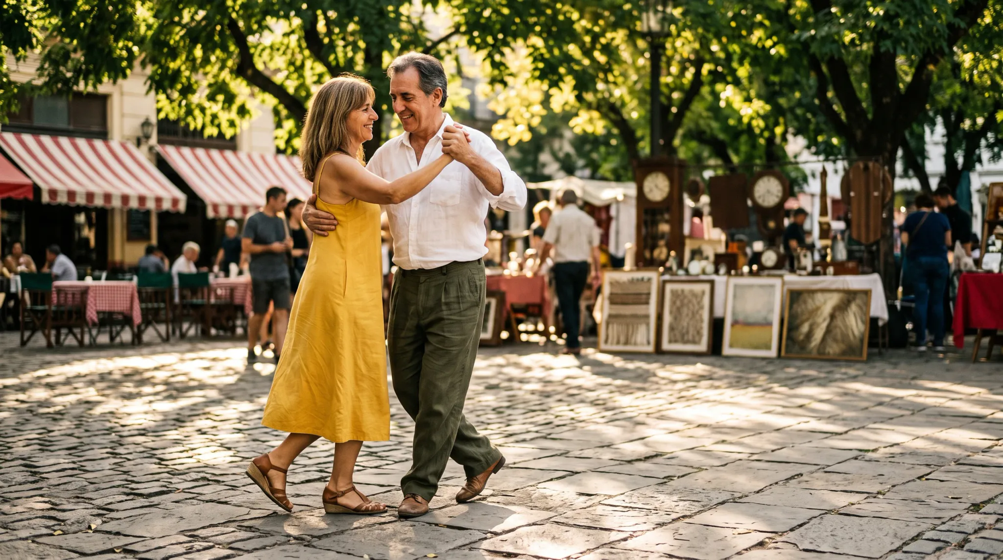 A mature man and woman smile warmly at each other as they dance together on a sunlit cobblestone square. The woman wears a sleeveless yellow midi dress and brown strappy sandals, while the man wears a white collared shirt, olive green trousers, and brown shoes. In the softly blurred background, an outdoor market features antique clocks, framed paintings, and cafe tables with striped awnings under leafy green trees.