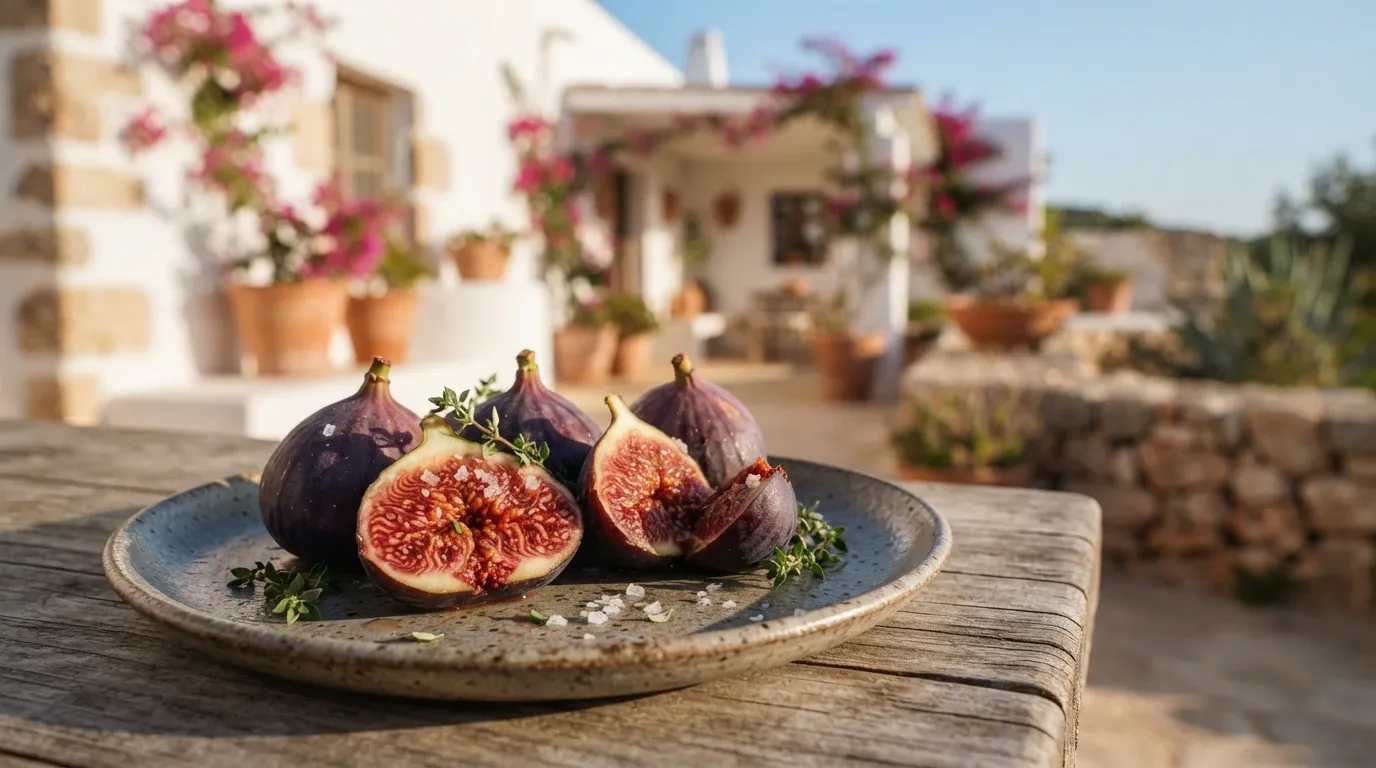 Several whole and cut purple figs with vivid red interiors, seeds, coarse salt, and green herb sprigs sit on a handmade ceramic plate atop a weathered wooden table. A softly blurred white villa patio with terracotta pots and flowering bougainvillea fills the sunny outdoor background.