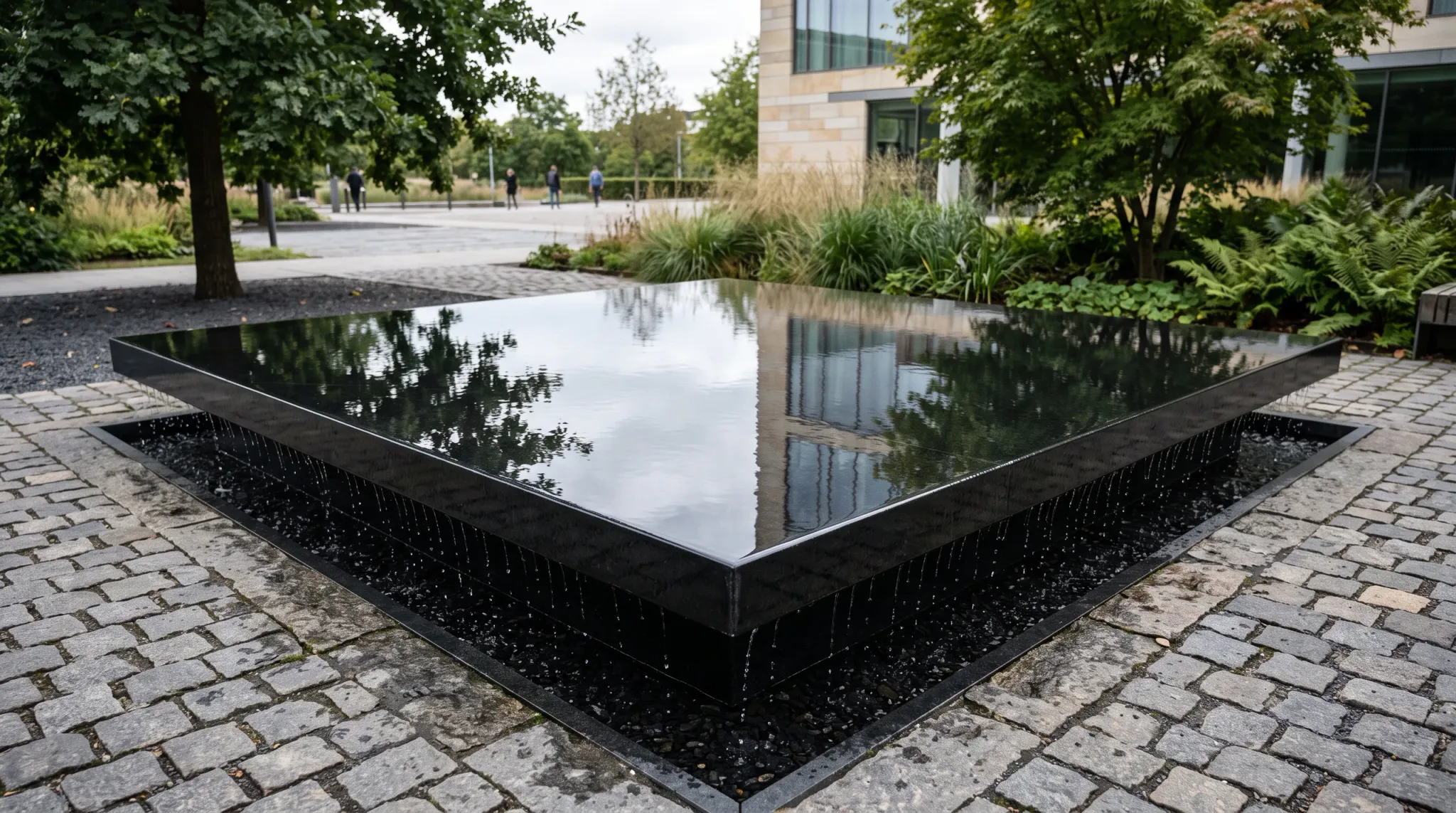 A large, minimalist black stone water table fountain sits in the center of a cobblestone courtyard outside a modern office building. A thin layer of water covers the flat top surface, reflecting the overcast sky, surrounding trees, and building facade, while overflowing quietly down the dark sides into a narrow gravel perimeter trough. In the background, several distant pedestrians walk across an open paved plaza flanked by lush green trees and ornamental grasses.