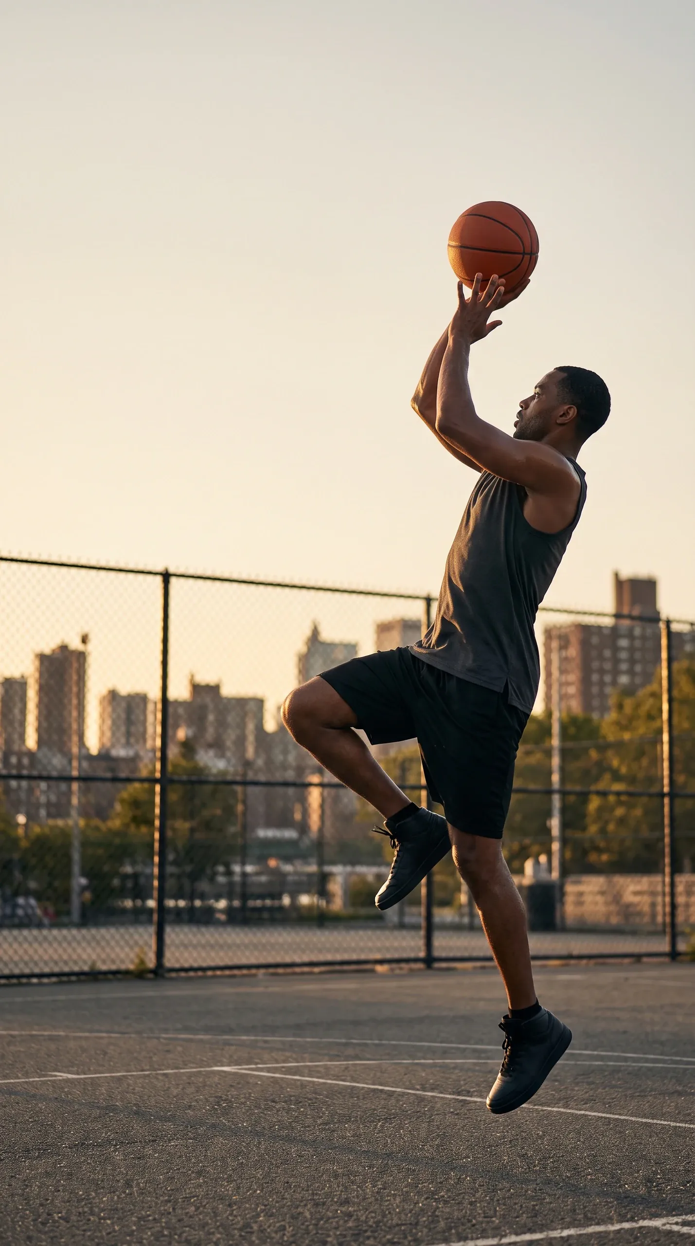 An athletic man is captured mid-air executing a jump shot with a basketball on an outdoor city court during golden hour, wearing a dark sleeveless tank top, black shorts, and black sneakers against a backdrop of a chain-link fence and urban skyline.