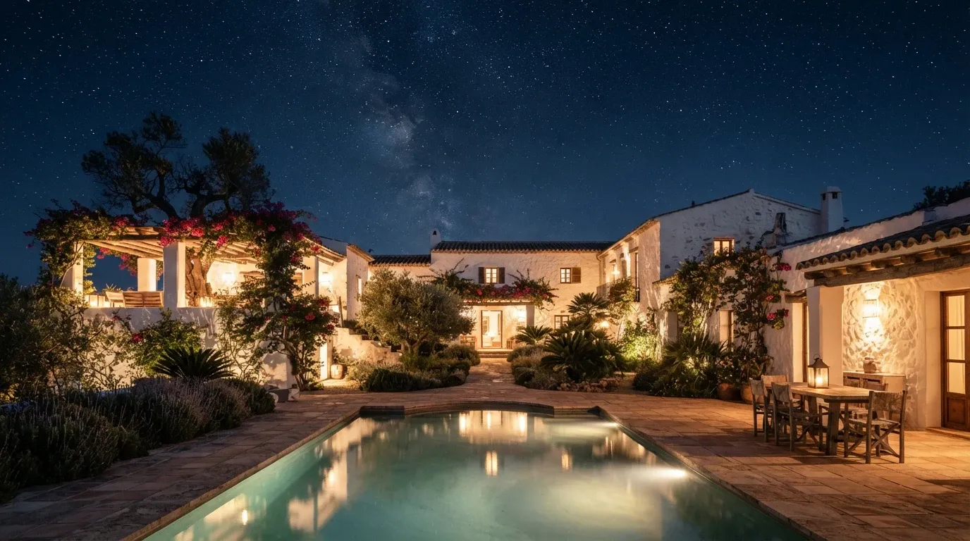 A wide-angle nighttime view of a rustic Mediterranean whitewashed stone villa and terrace featuring an illuminated swimming pool in the foreground. Warm exterior lights illuminate the textured facade, open pergola, patio dining furniture, and lush vegetation including flowering bougainvillea and olive trees, all beneath a clear, starry night sky displaying the Milky Way galaxy.