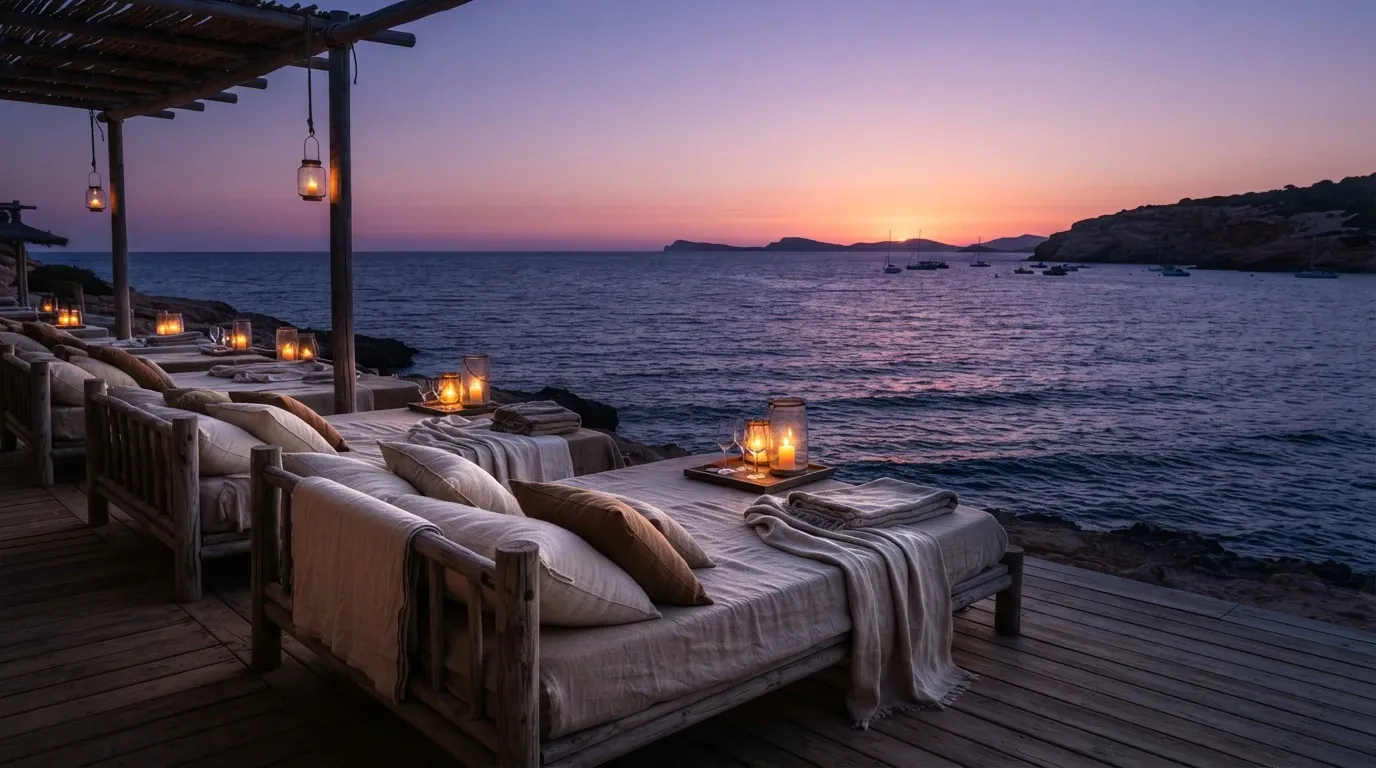 A tranquil open-air seaside dining and lounging deck overlooks rippled blue water, rocky cliffs, and several anchored sailboats at sunset. Linen-covered wooden daybeds with cream pillows and draped blankets line the deck beneath a rustic pergola, illuminated by warm hanging lanterns and tabletop candles.