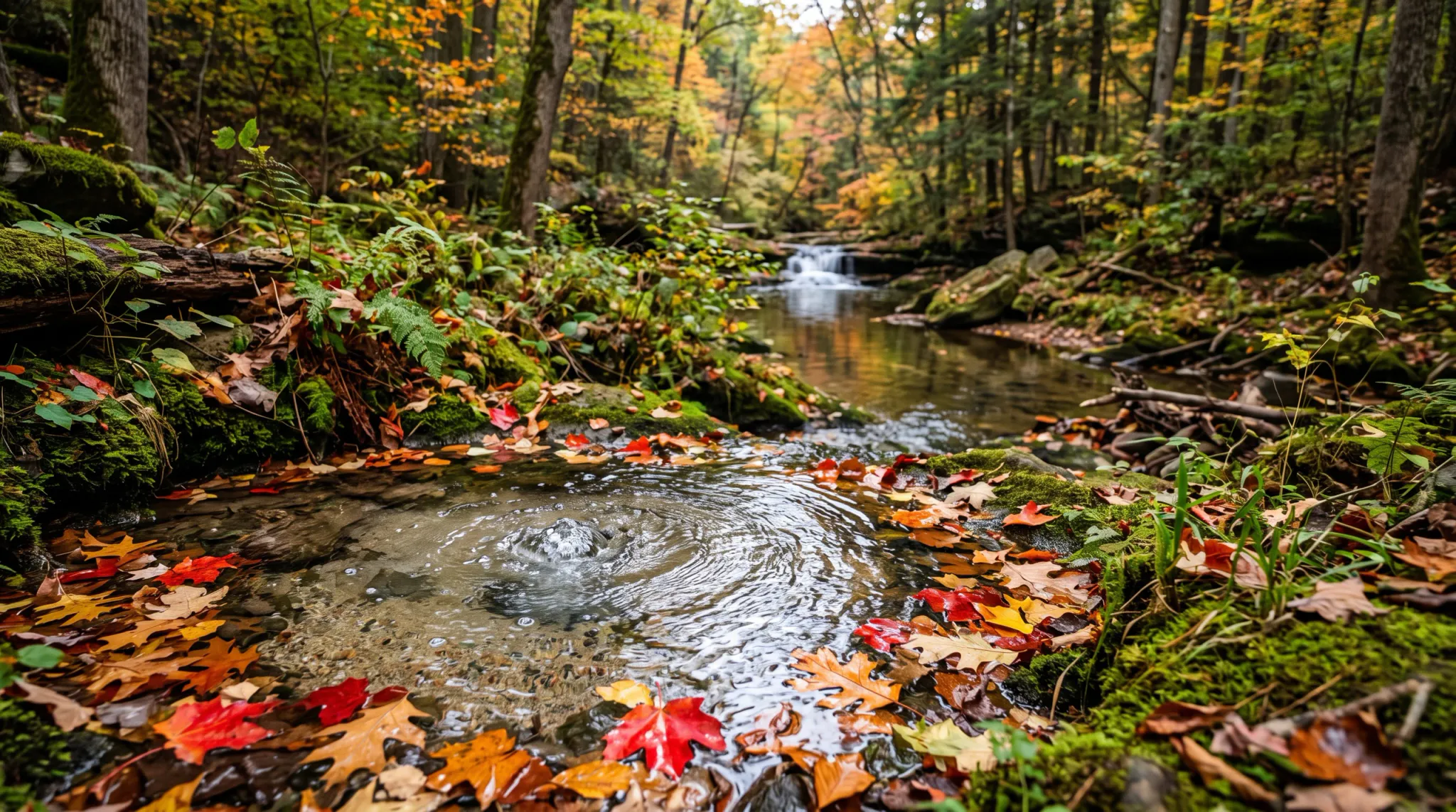 A wide-angle landscape photograph captures a serene forest scene in autumn. In the foreground, a bubbling spring source creates circular ripples in a shallow pool of water. Brightly colored fallen leaves in red, orange, and yellow float on the water and rest on the surrounding moss-covered rocks and logs. Lush green moss and ferns grow along the stream banks. In the background, a small waterfall cascades into the calm stream, surrounded by a dense forest of trees with autumn foliage.