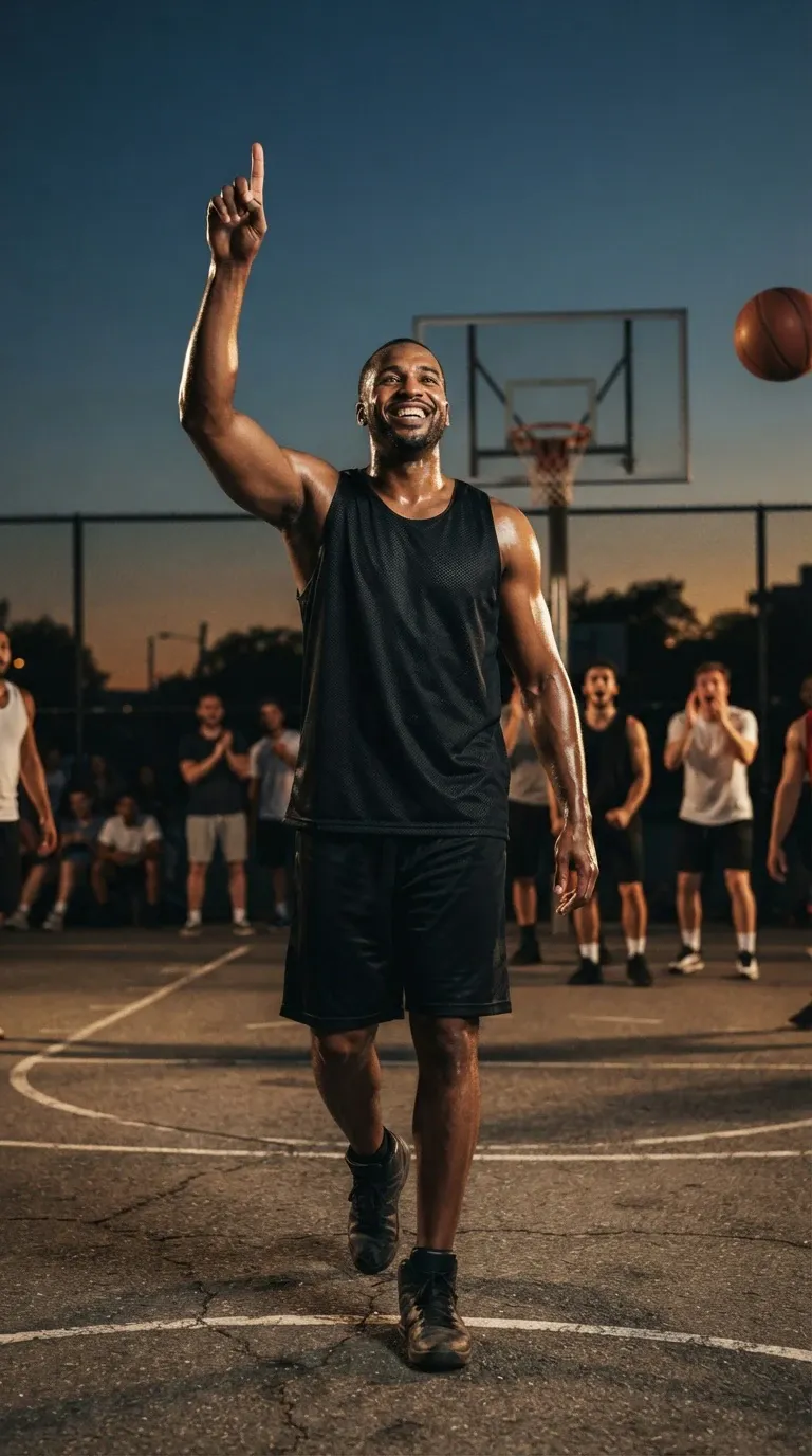 An athletic Black male basketball player walks forward on an outdoor asphalt basketball court at sunset, smiling broadly and pointing his right index finger upward in victory. He wears a black mesh tank top, black athletic shorts, and black sneakers, with visible sweat on his skin from play. Behind him stands a basketball hoop with a clear backboard and net, while a basketball flies in mid-air to the upper right and fellow players watch from the court baseline.