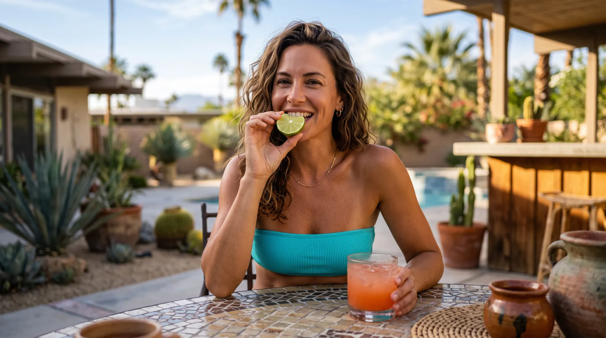A smiling woman in a turquoise strapless top sits at a mosaic patio table, holding a glass of iced orange-pink drink while biting a lime wedge. The sunlit outdoor setting includes a swimming pool, desert-style landscaping, palms, agave and cacti, with a house and bar counter in the background.