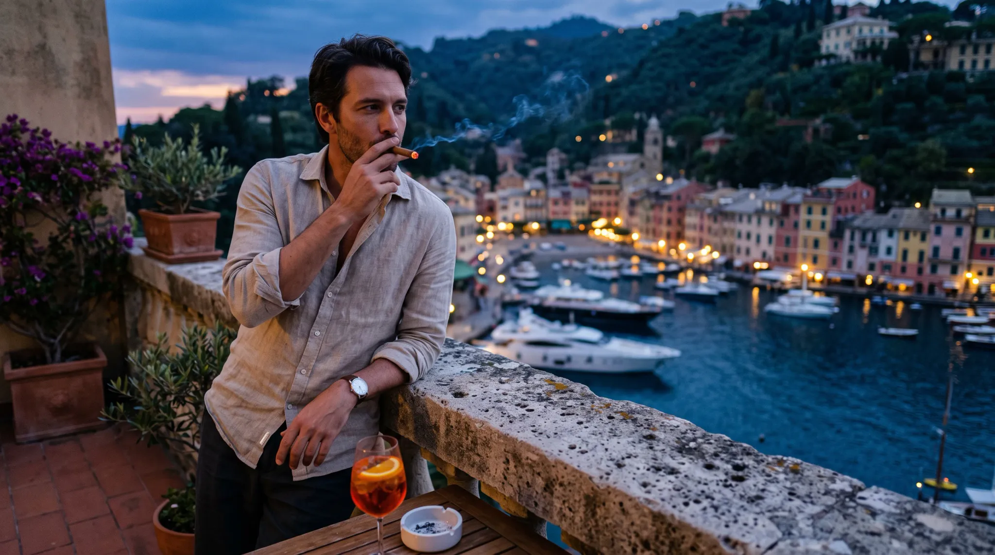 An adult man in a loose beige linen-looking shirt and dark trousers leans on a stone terrace railing while holding a lit cigar. A reddish-orange drink in a stemmed glass and a white ashtray sit on a wooden table in the foreground. Behind him is a softly blurred waterfront harbor with boats, colorful buildings, wooded hills, and evening lights.
