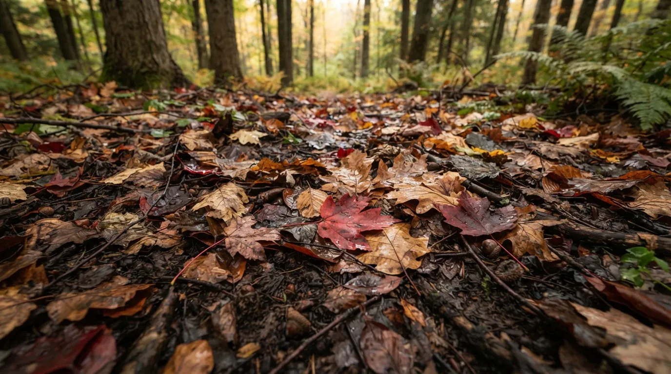 A close-up, ground-level photograph capturing a vibrant red fallen maple leaf centered amidst wet, brown autumn foliage and dark damp soil on a woodland path. In the soft-focus background, upright tree trunks and green ferns stand under diffuse overcast light, evoking a peaceful autumn forest atmosphere.