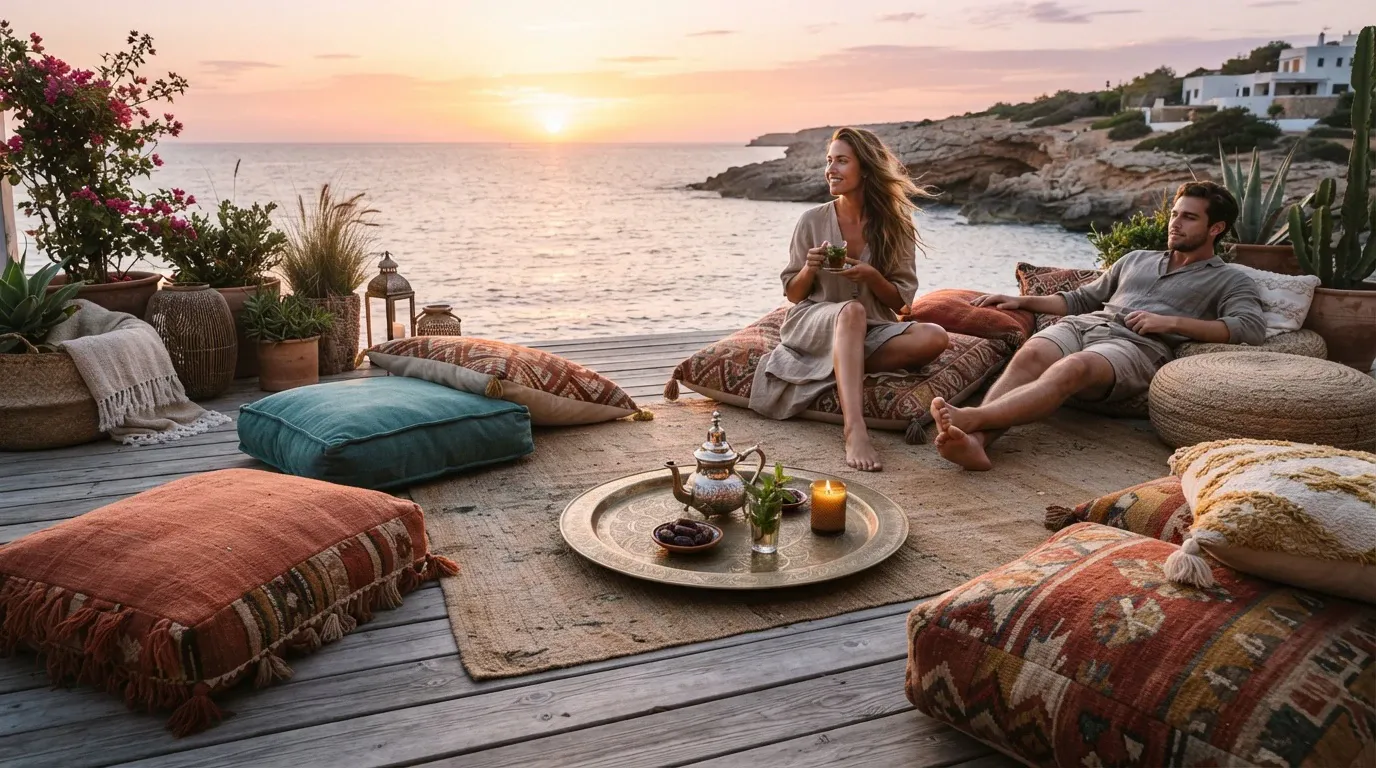 A man and woman relax on decorative floor cushions and rugs on a wooden seaside terrace at sunset. The woman sits cross-legged holding a glass of mint tea and smiling towards the ocean, wearing a light beige linen dress. Beside her, the man reclines casually in a light shirt and shorts. Between them sits a round brass Moroccan tray with a silver teapot, a mint tea glass, dates, and a lit candle. In the background, the sun sets over calm coastal waters and a rocky headland with white coastal villas.