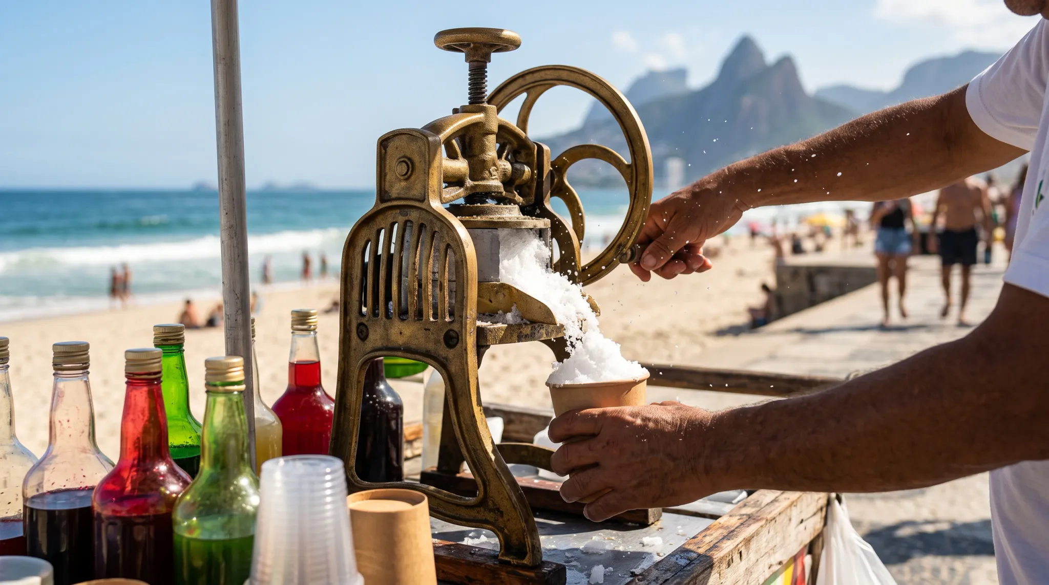 A partially visible vendor in a white T-shirt turns a hand-cranked metal shaved-ice machine, dispensing fluffy ice into a paper cup. Colorful syrup bottles line the wooden cart, with a sandy beach, ocean waves, beachgoers, and a mountainous coastline in the background.